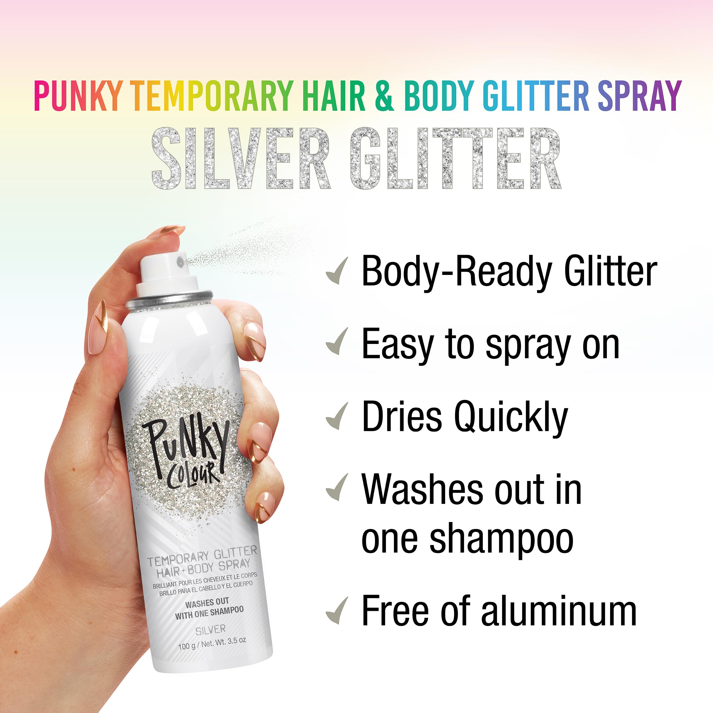 Jerome Russell Punky spray purpurina plateada para piel, brillo suave y seguro.