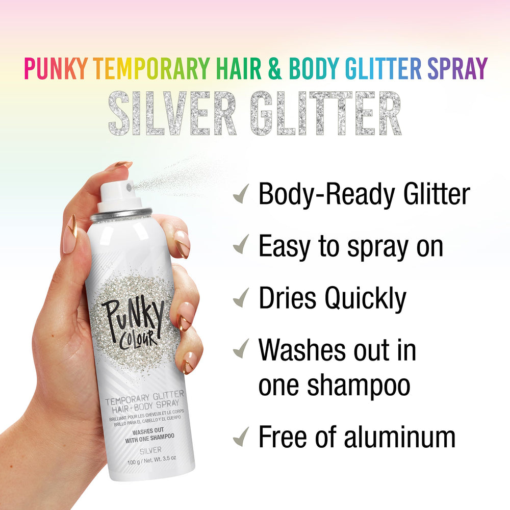 Jerome Russell Punky spray purpurina plateada para piel, brillo suave y seguro.
