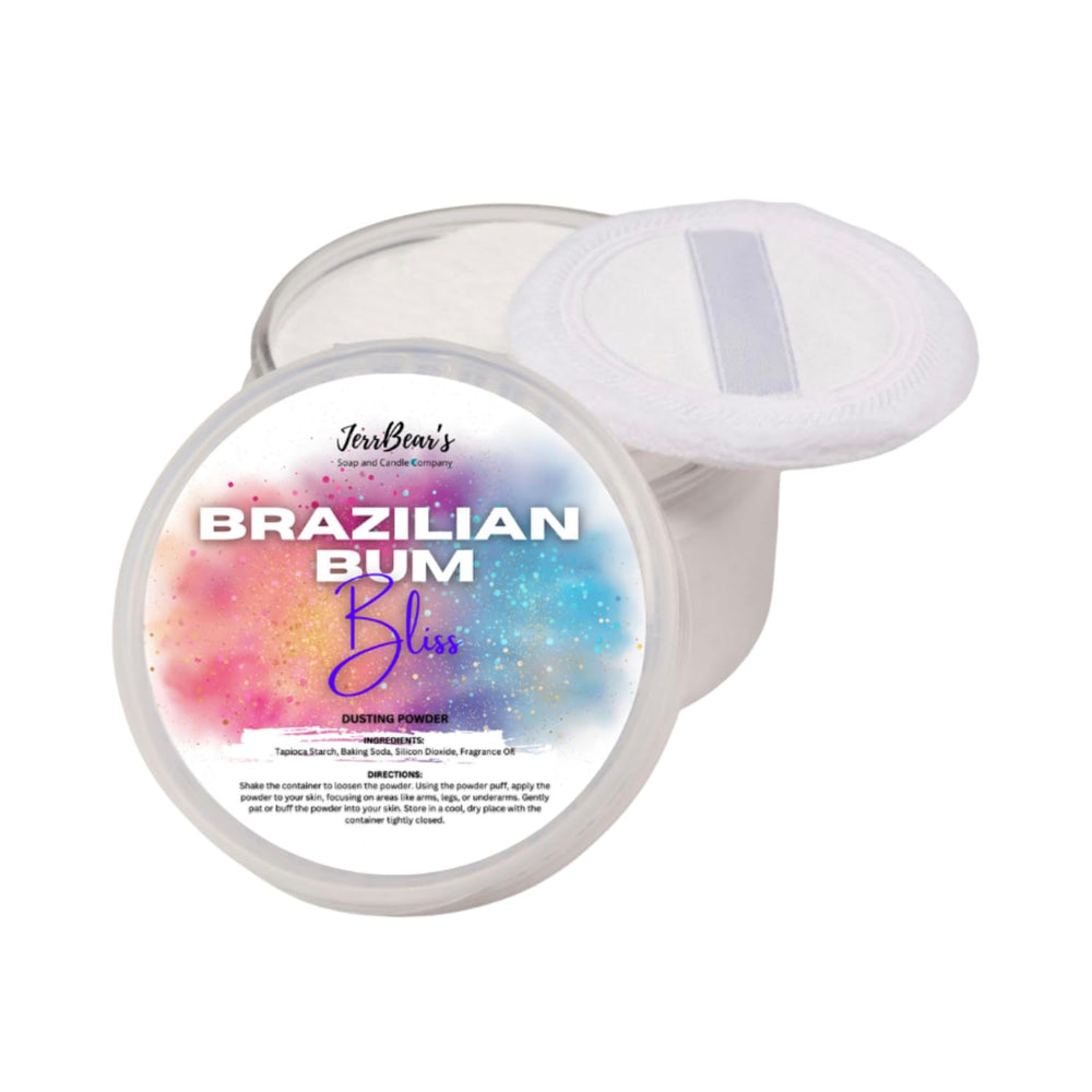 JerrBear’s Brazilian Bum Bliss powder jar shows silky texture for daily use.