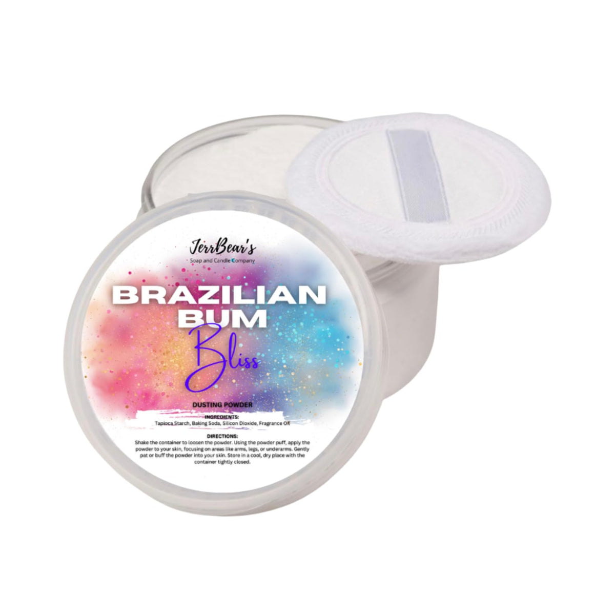 JerrBear’s Brazilian Bum Bliss powder jar shows silky texture for daily use.