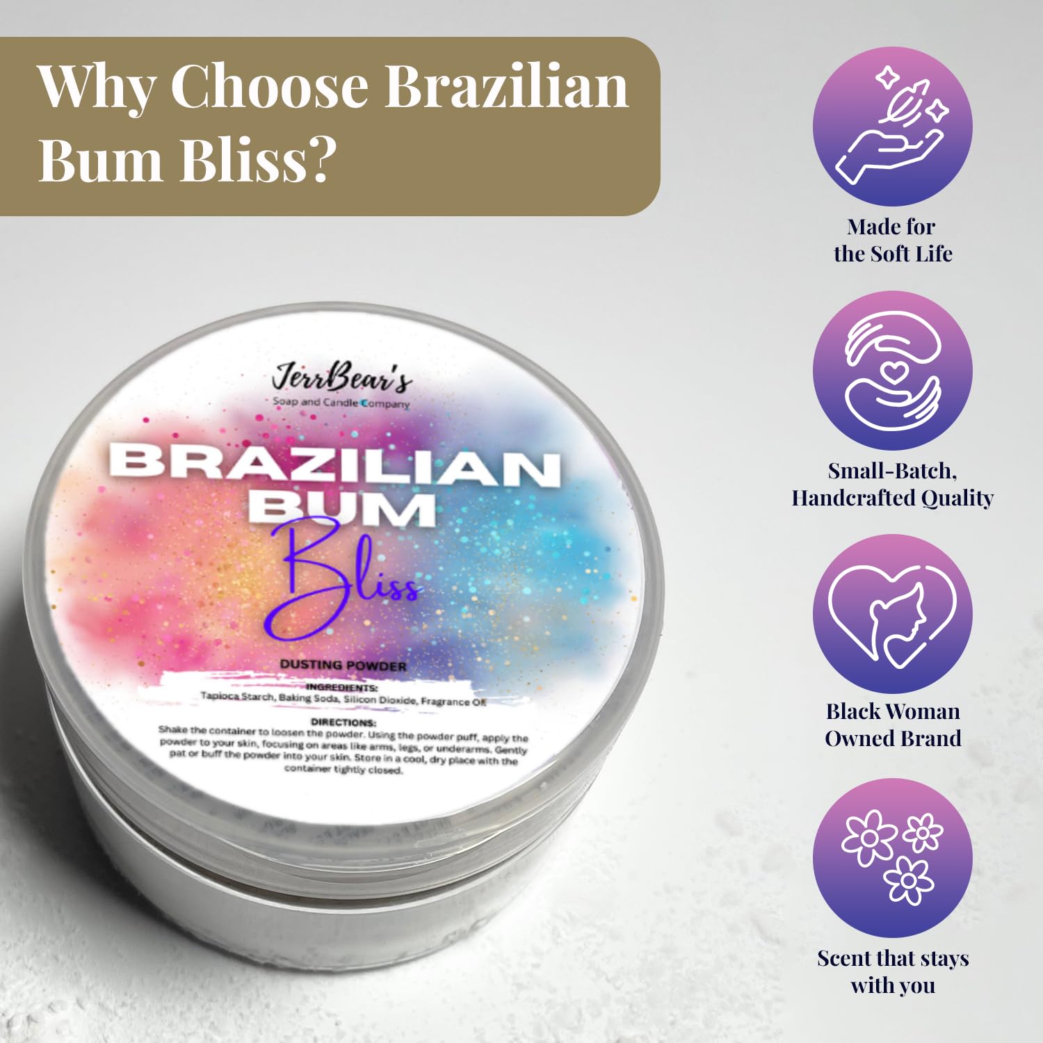 JerrBear’s Brazilian Bum Bliss gentle daily use with skin-friendly formula.