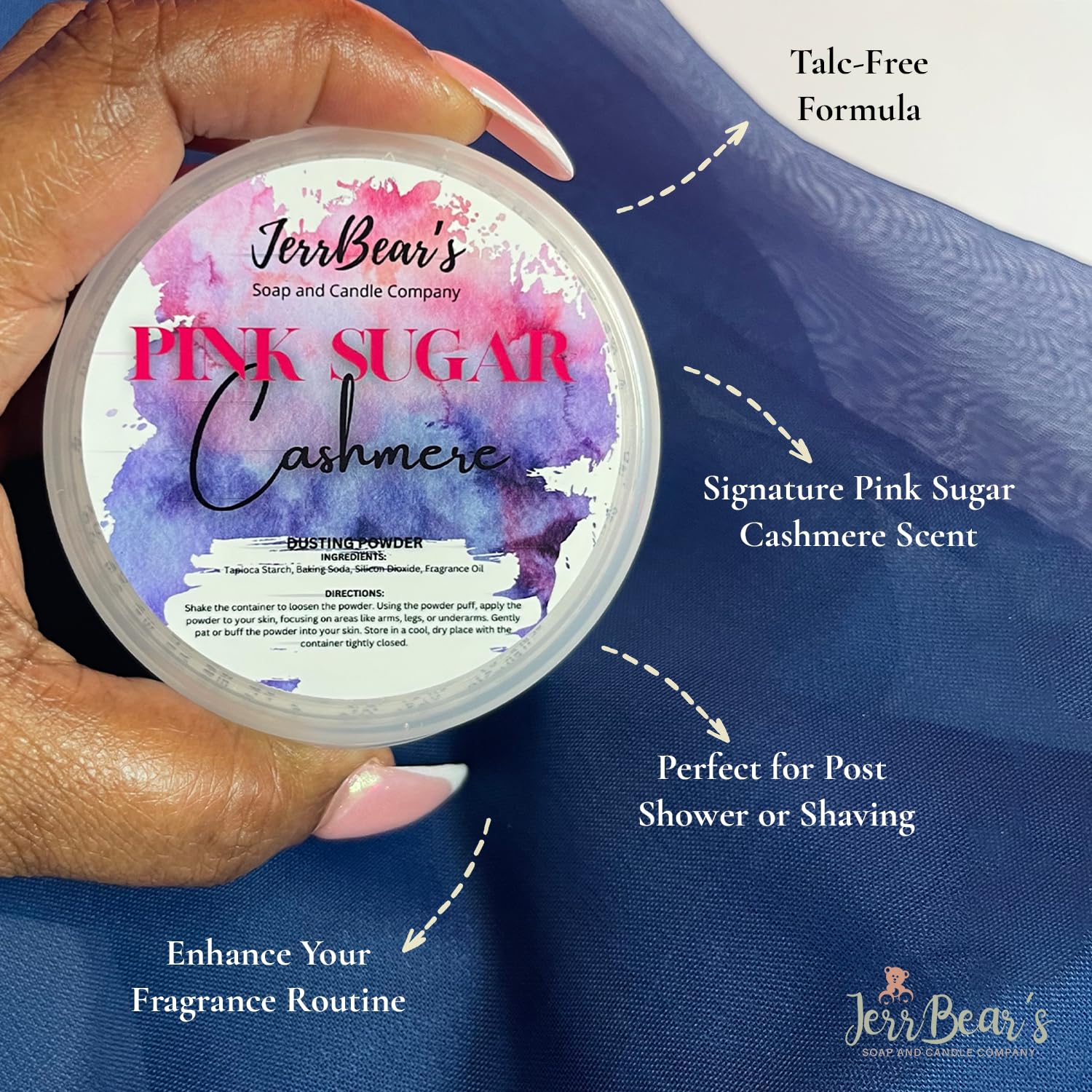 JerrBear’s Pink Sugar Cashmere powder scent lingering with vanilla and florals.