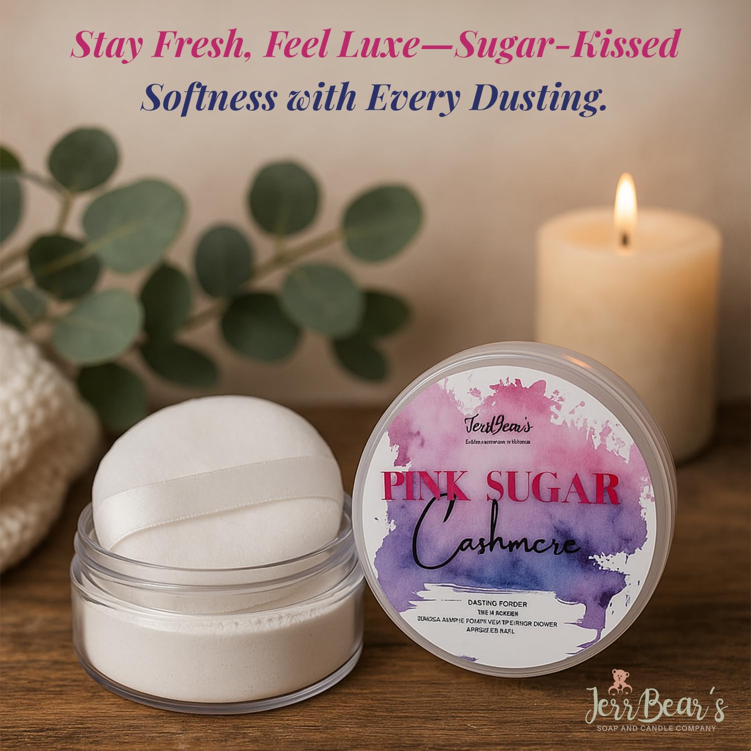 Packaging of JerrBear’s Pink Sugar Cashmere dusting powder emphasizes soft, luxurious care.