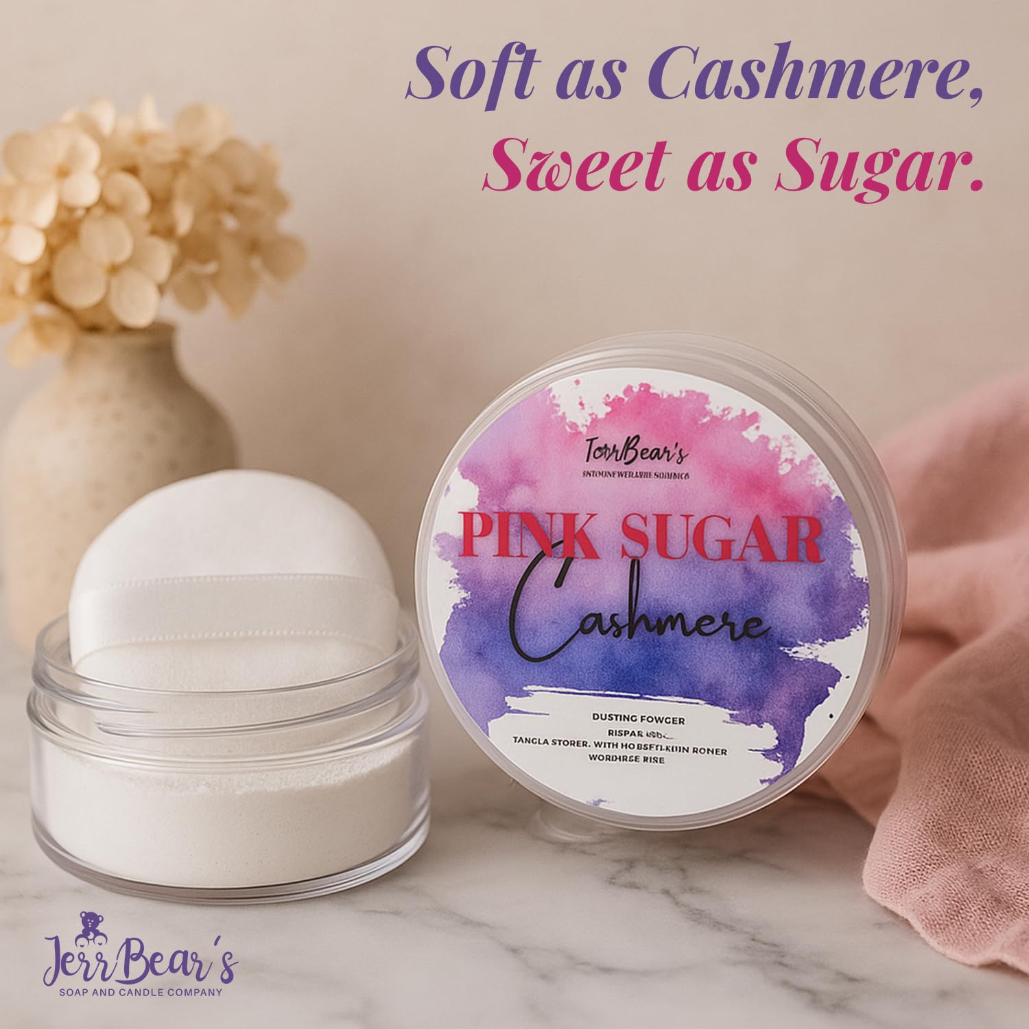 Applying JerrBear’s Pink Sugar Cashmere powder to underarm for all-day freshness.