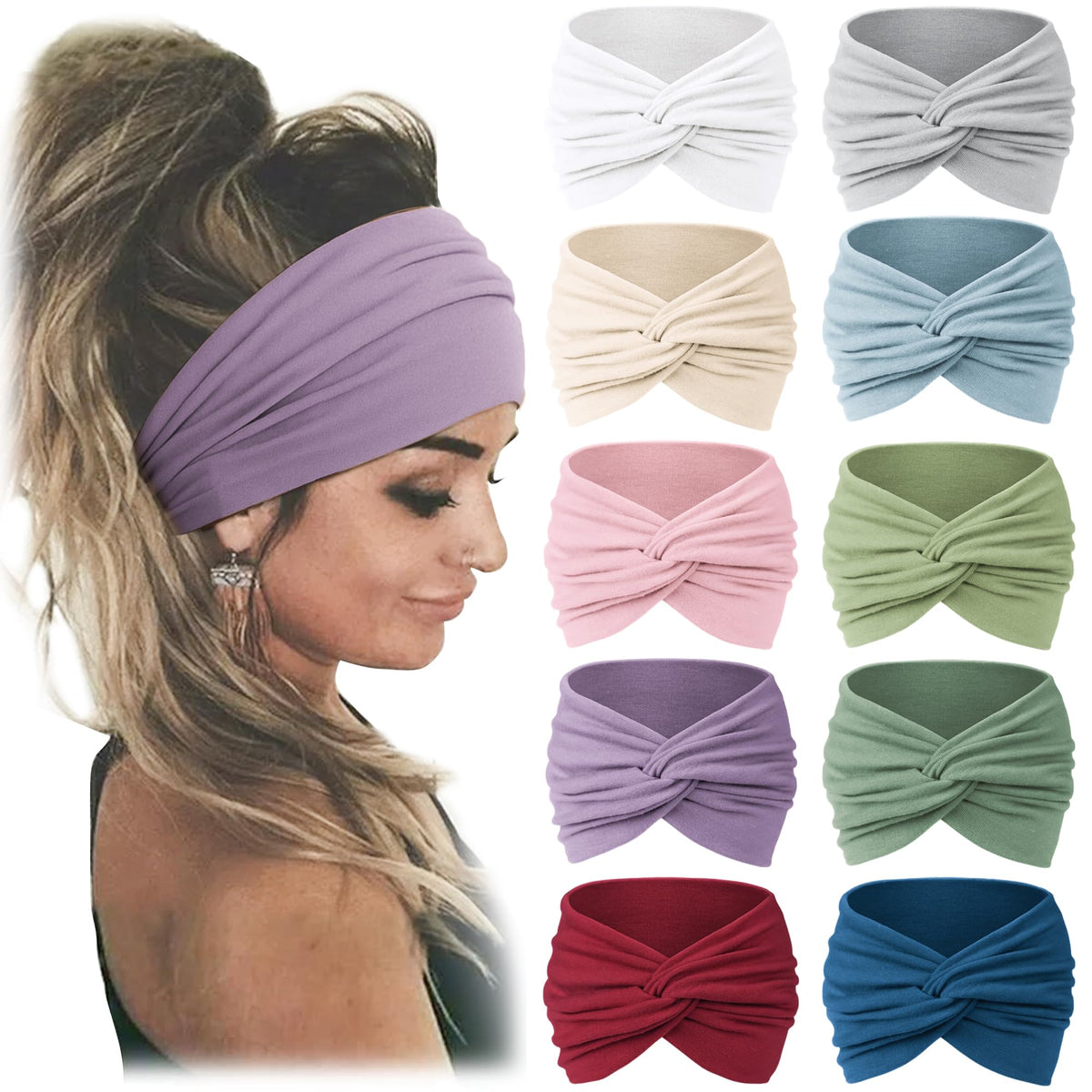 Jesries 10-pack wide headbands in multiple colors for versatile daily wear.
