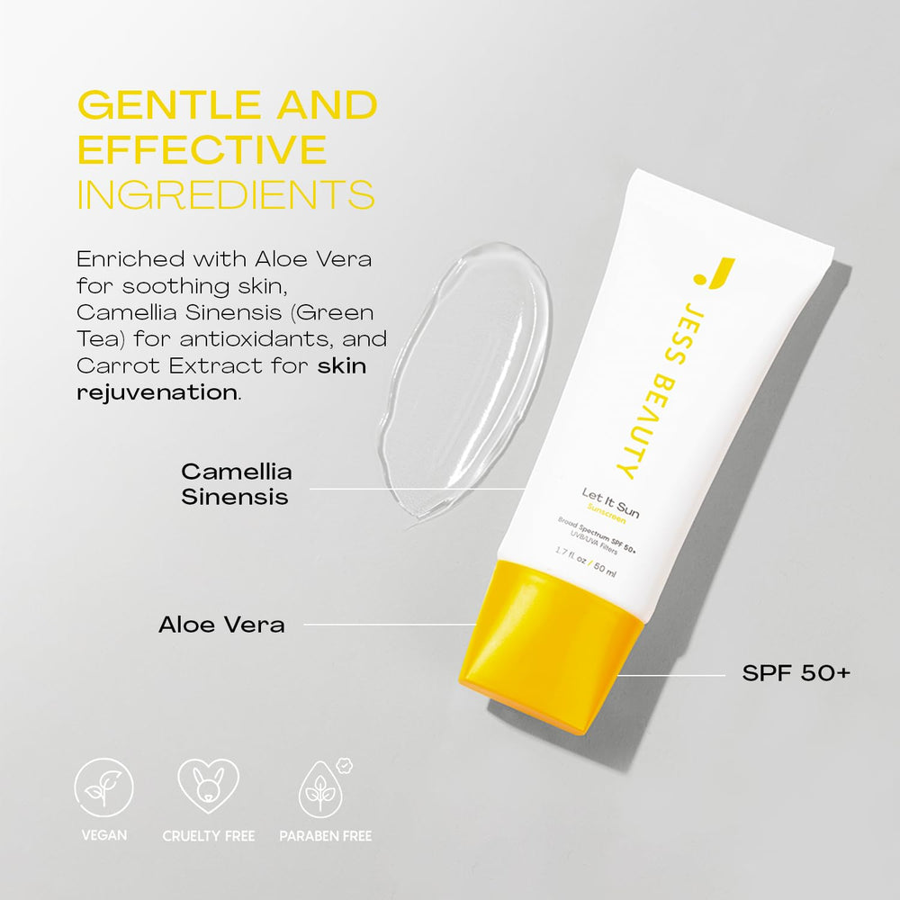 JESS BEAUTY Let it Sun SPF50+ shield image emphasizes daily outdoor protection