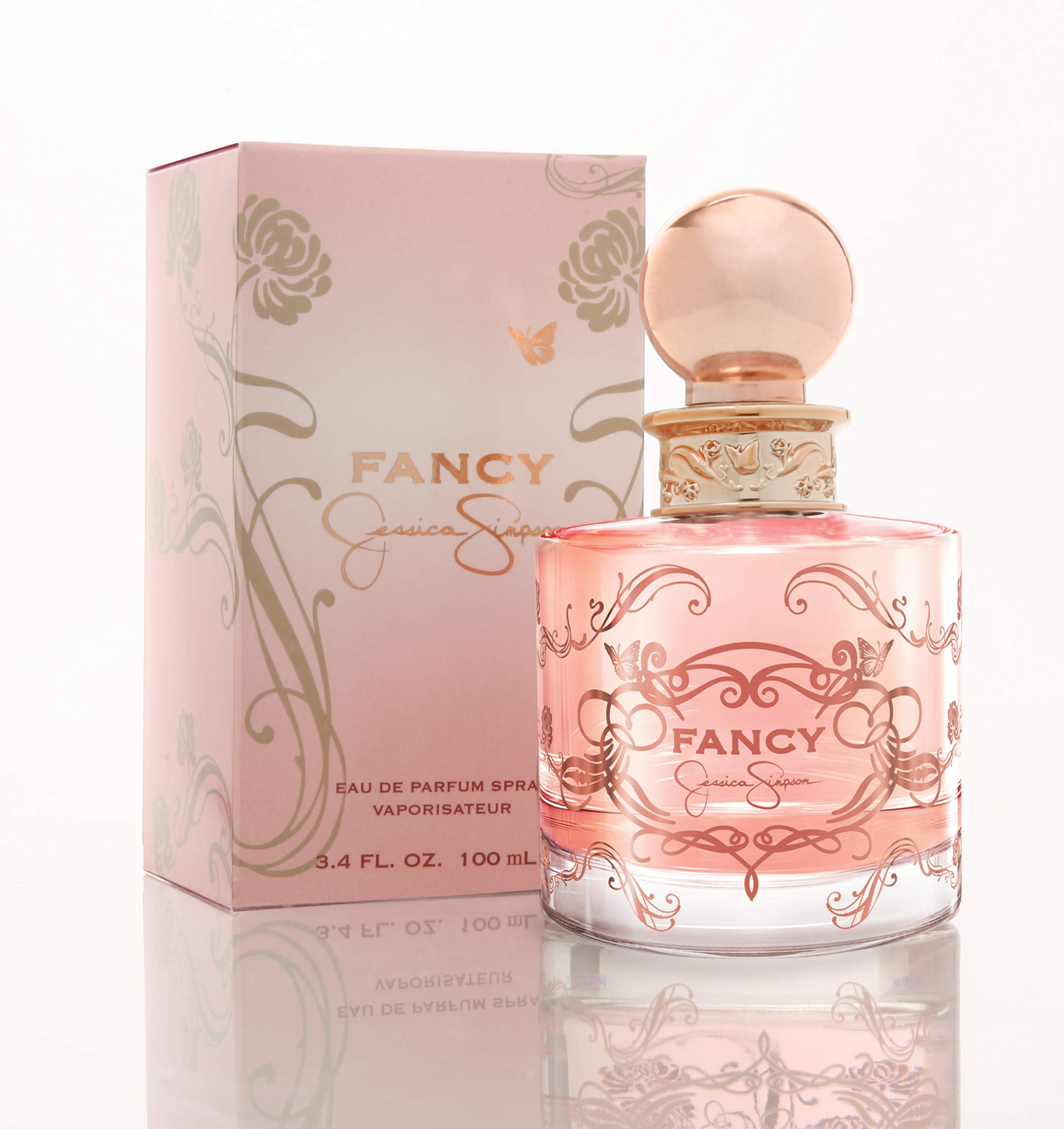 Jessica Simpson Fancy EDP bottle on a vanity, ideal for casual-day elegance.