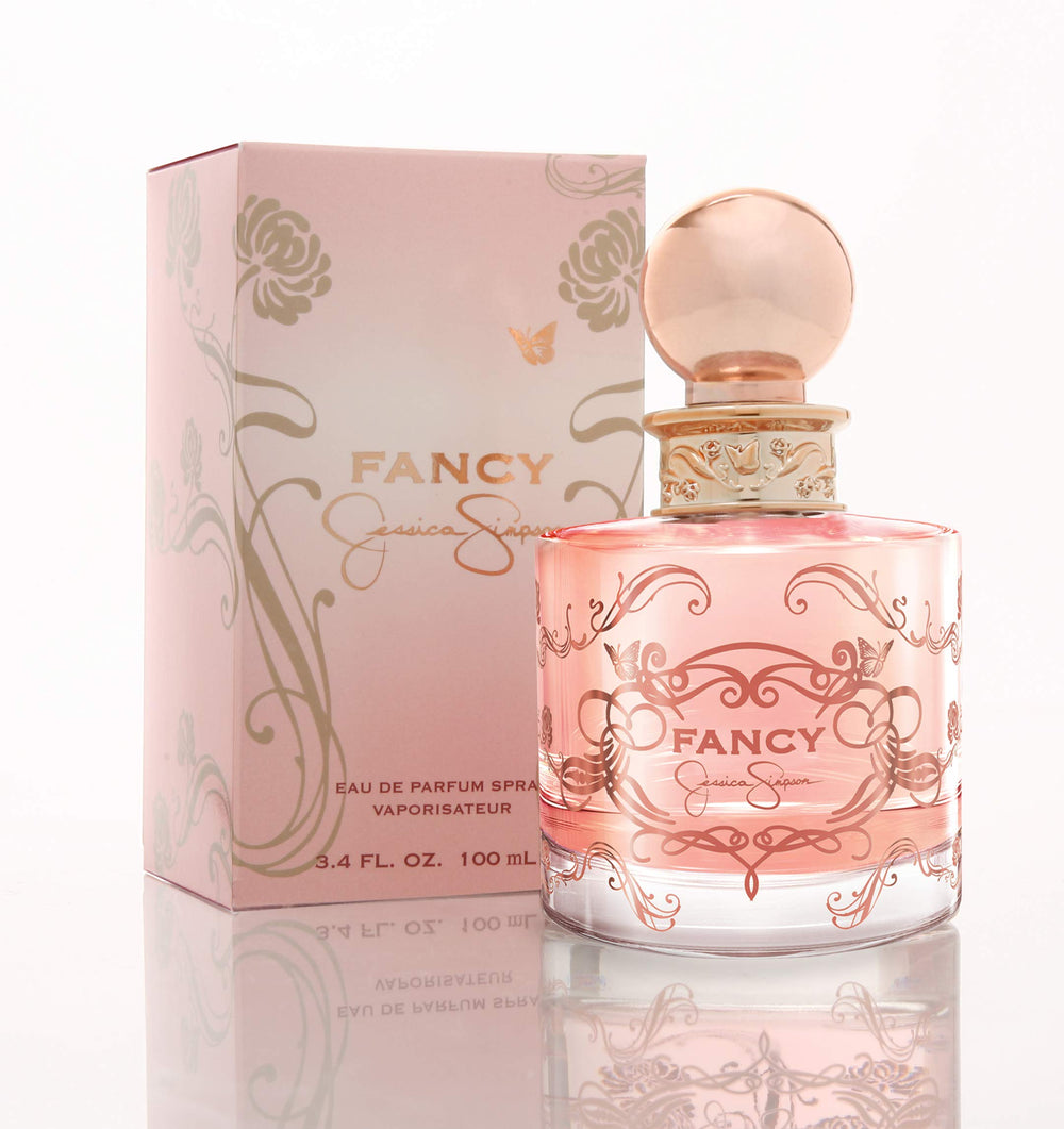 Jessica Simpson Fancy EDP bottle on a vanity, ideal for casual-day elegance.
