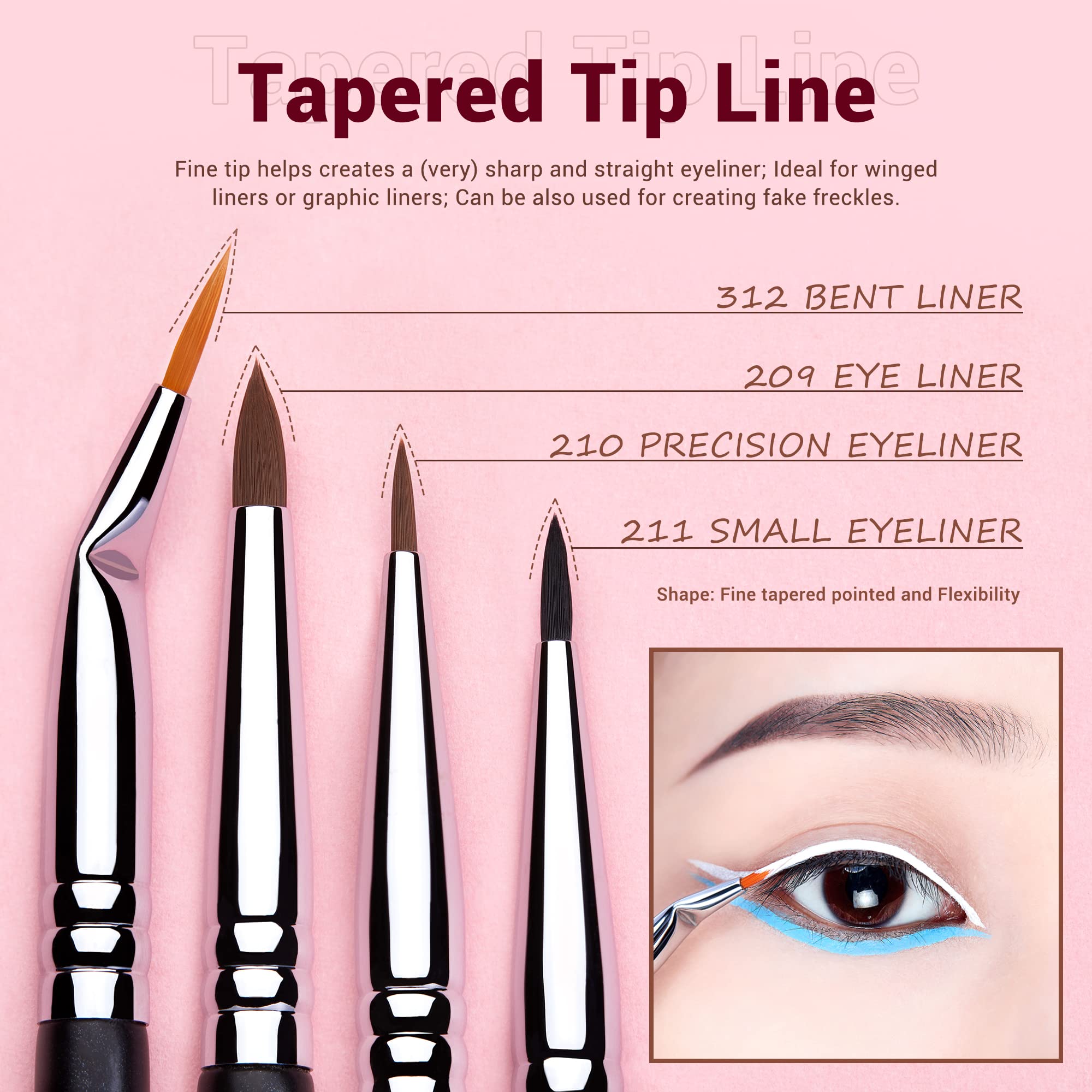 Jessup Eyeliner Brush Set flat-tip for thin lashline lines