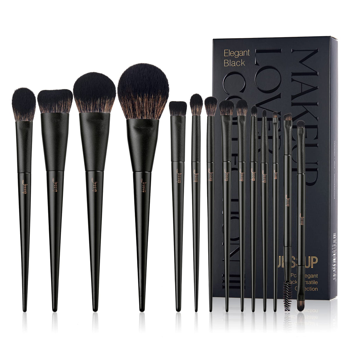 Jessup makeup brush set in black packaging with premium synthetic bristles for flawless base makeup.