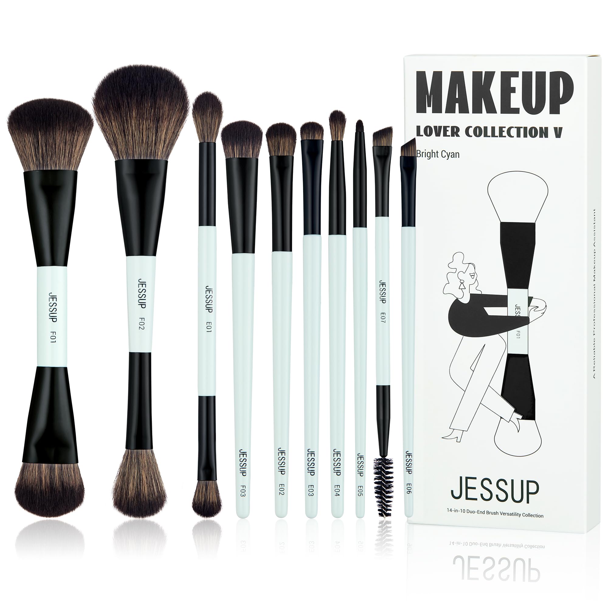 Jessup 10pc makeup brush set with duo-ended foundation brush for versatile application.