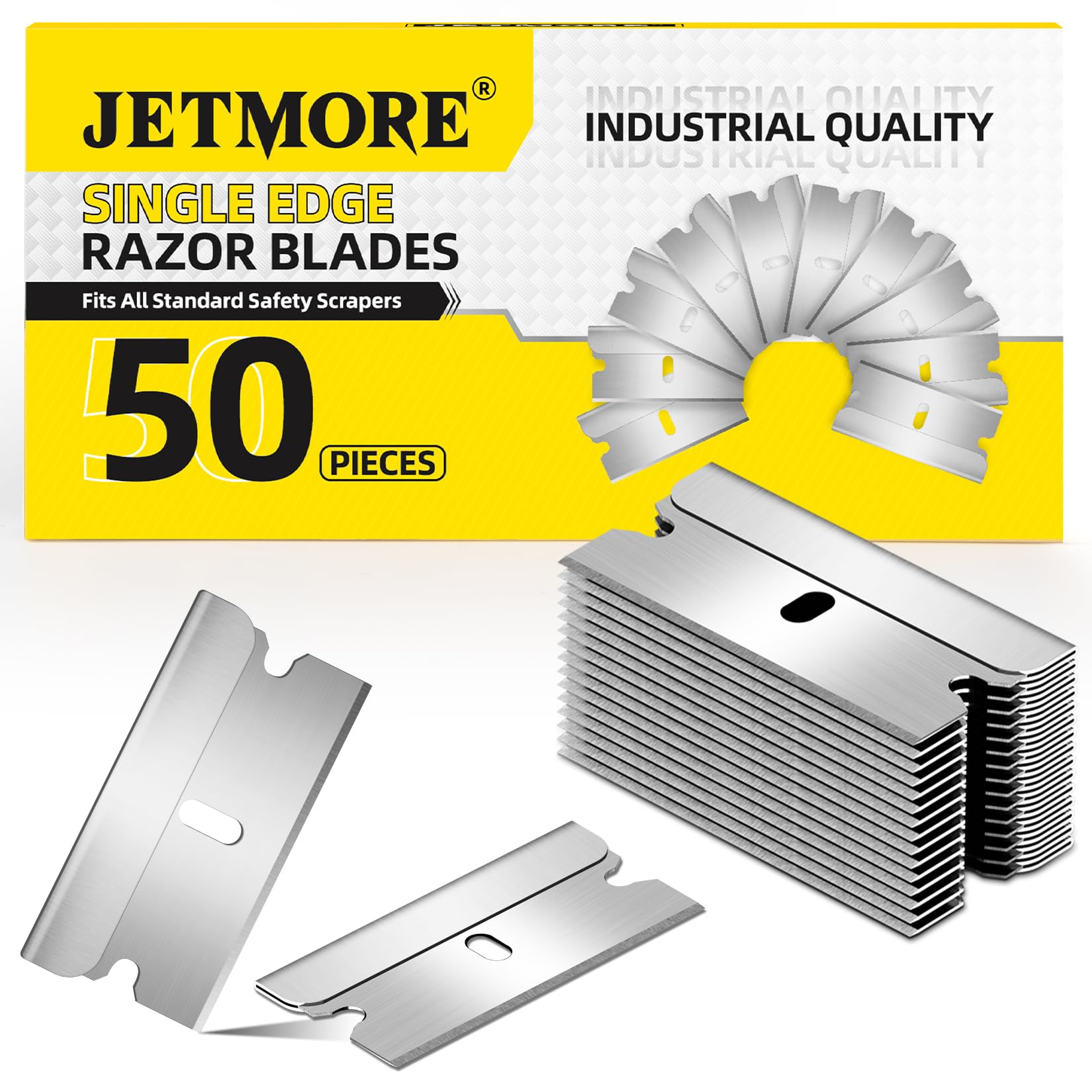 Jetmore single-edge blades in a dispensing box for quick, safe blade changes.