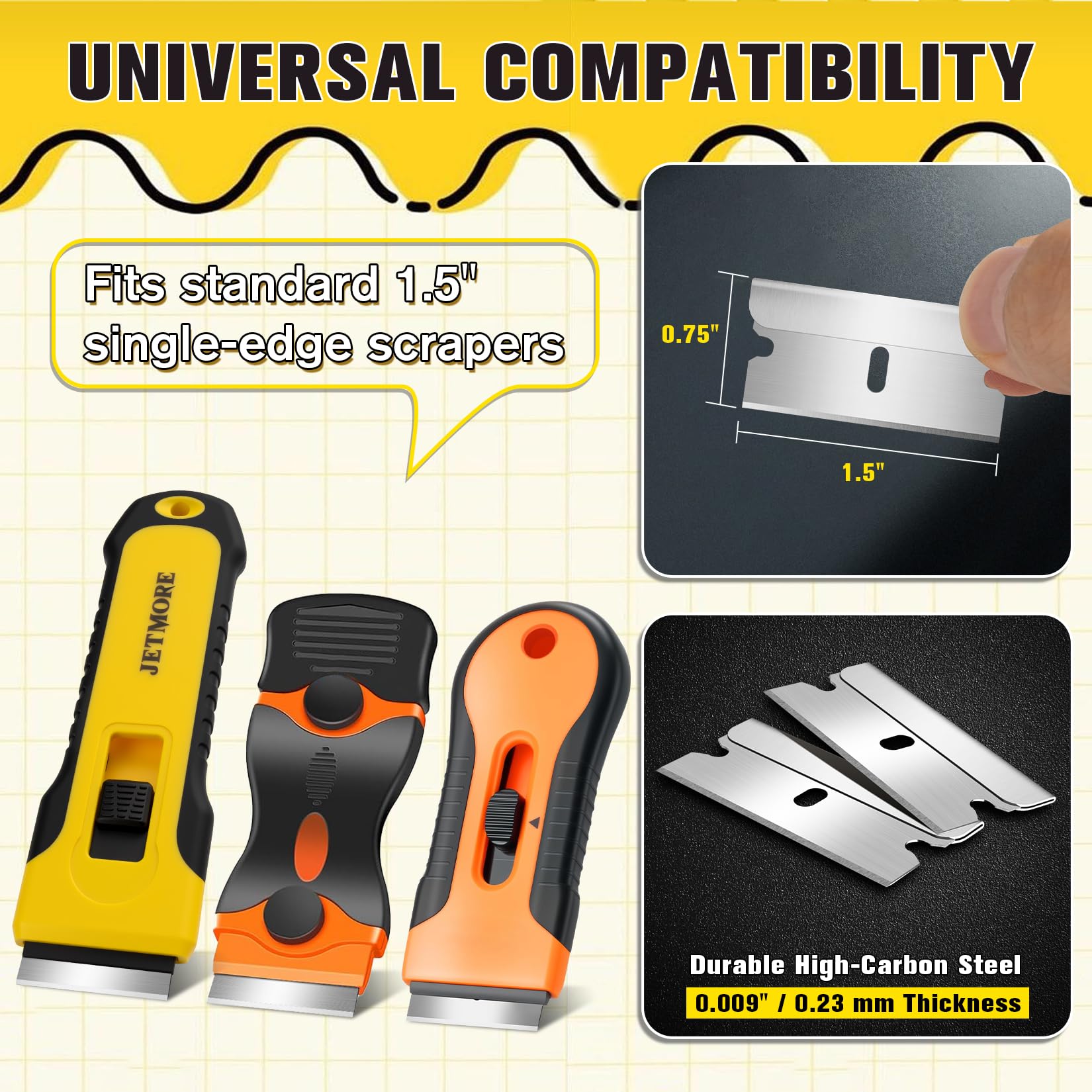 Jetmore blades fit standard scrapers for quick tool switching.