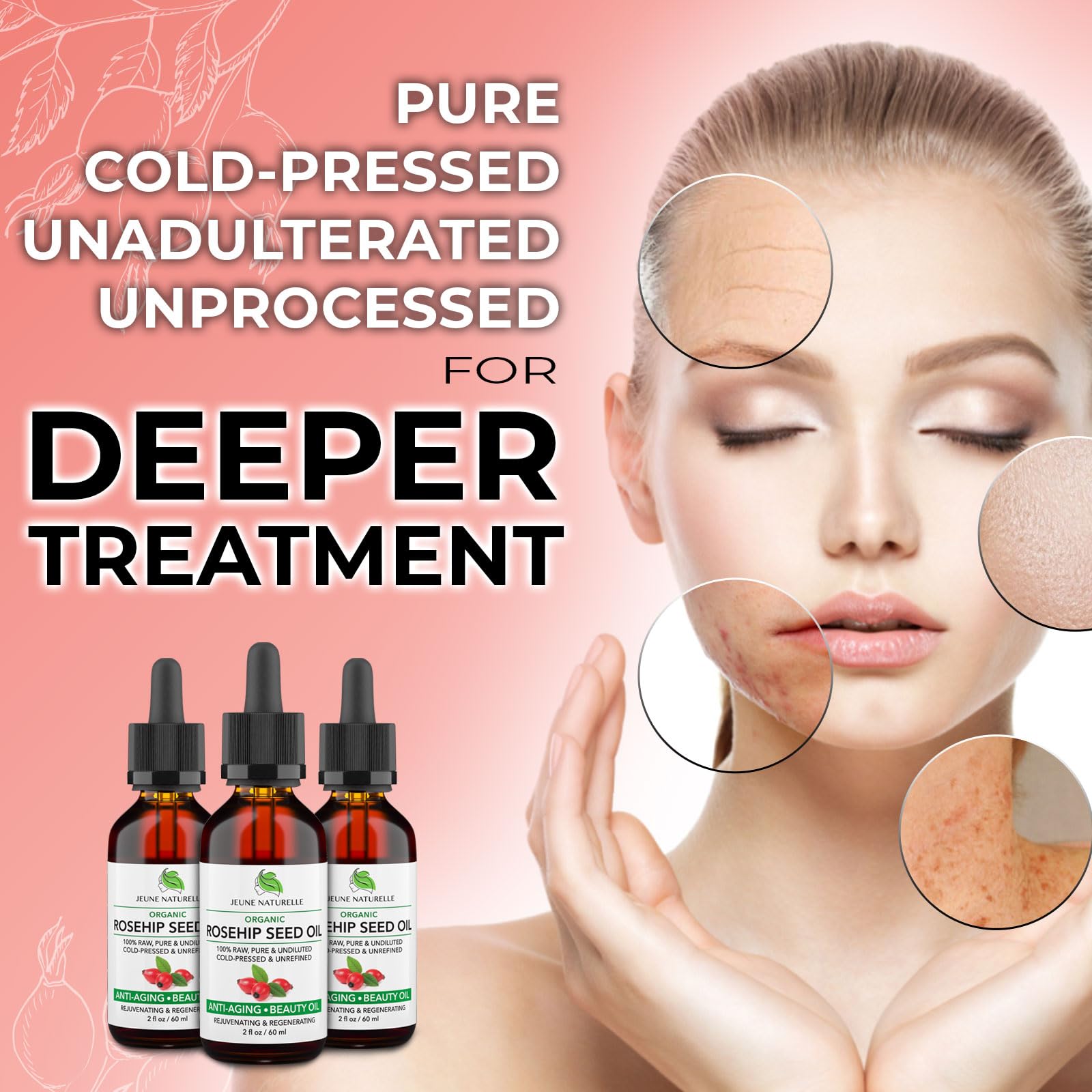 Jeune Naturelle aceite rosa prensado en frío conserva nutrientes para cuidado facial.