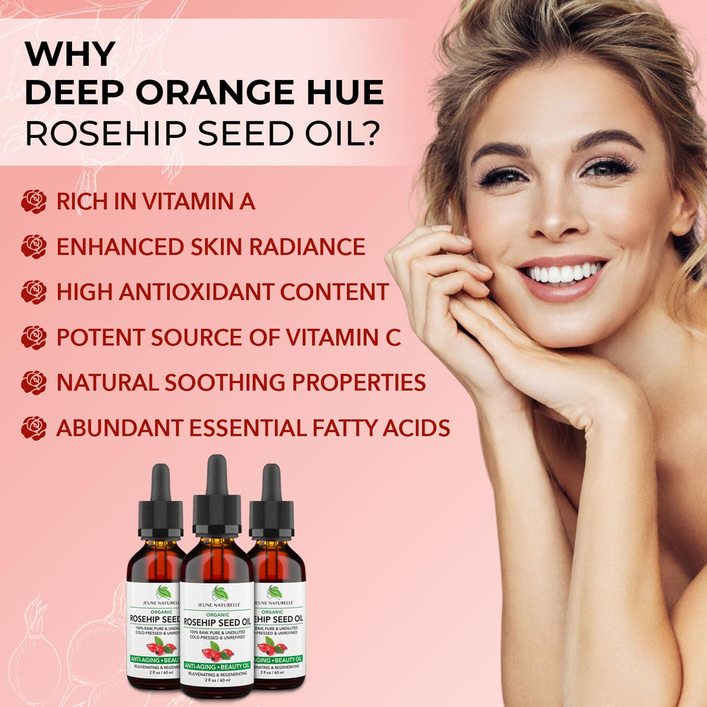 El tono naranja profundo del aceite Jeune Naturelle indica pureza natural para pieles secas.
