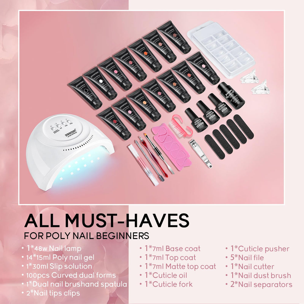 JEWHITENY 14-color poly gel set displayed for versatile nail design.