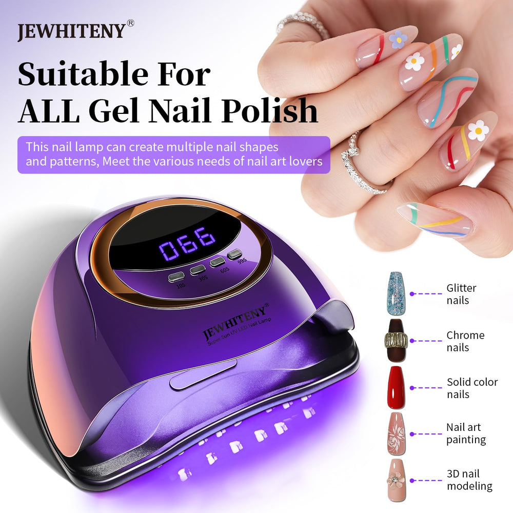 JEWHITENY Purple Fast UV Dryer control panel highlights timer options for precise curing.