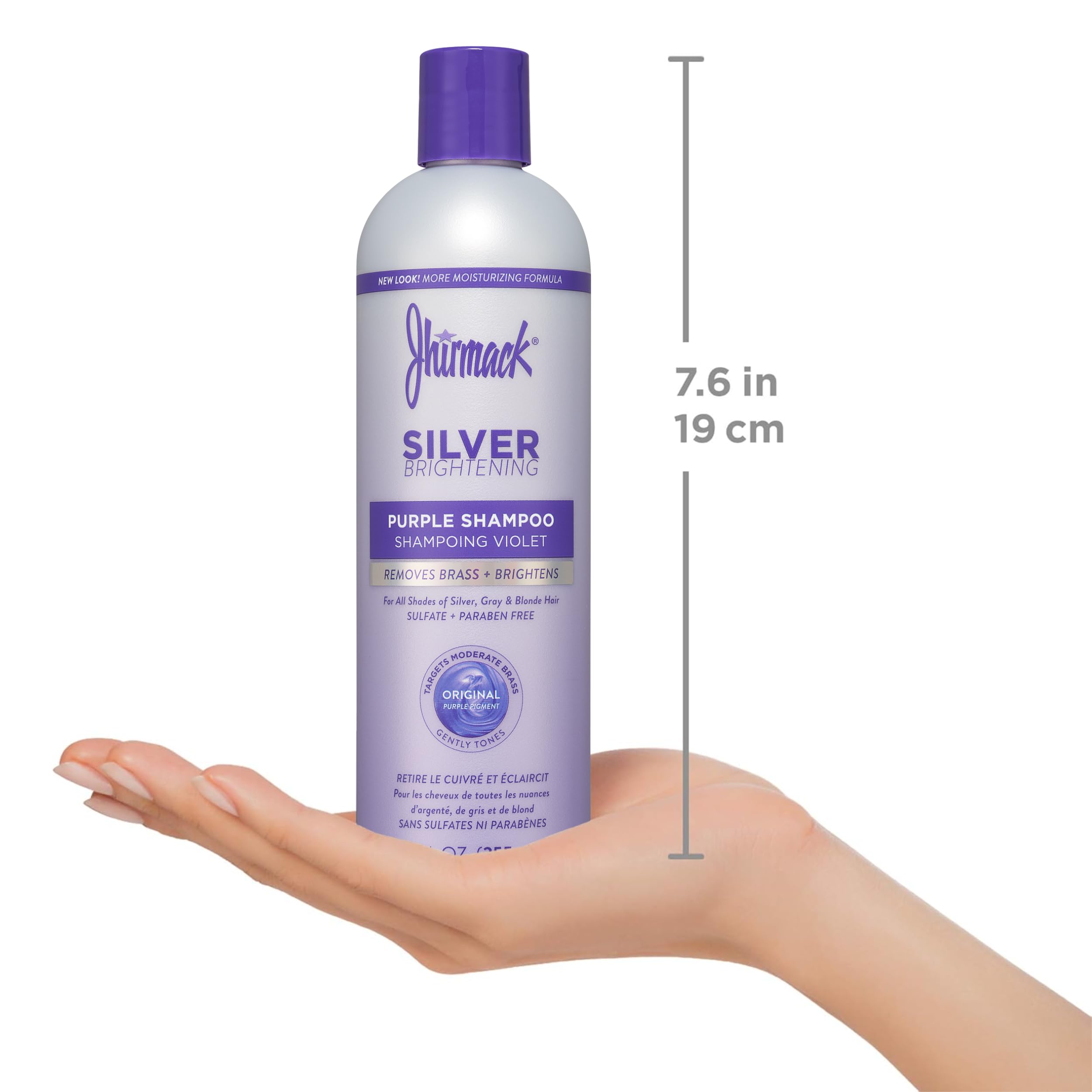 Jhirmack Silver Brightening Purple Shampoo bottle with pump for easy daily use.