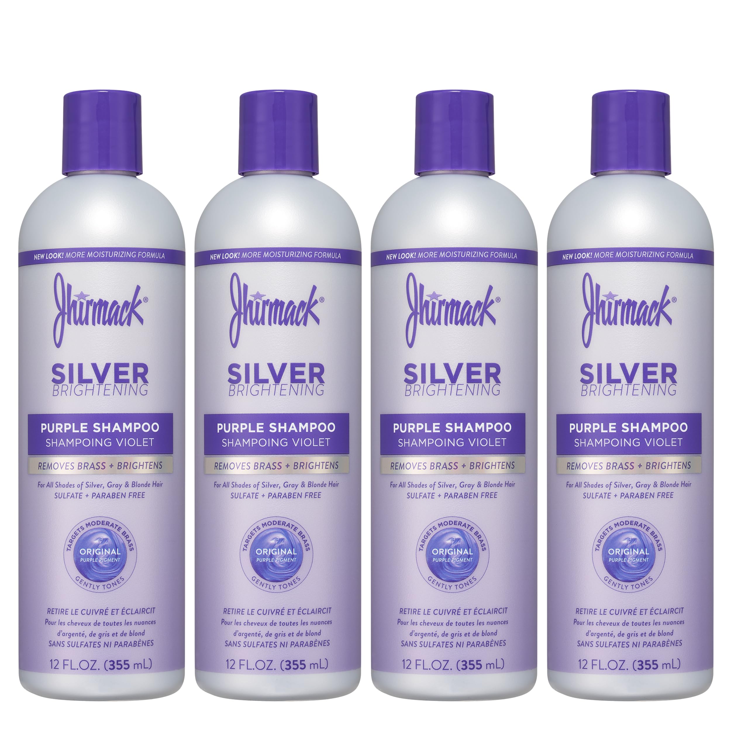 Jhirmack Silver Brightening Purple Shampoo bottle shows brassy-tone reduction for silver and gray hair.
