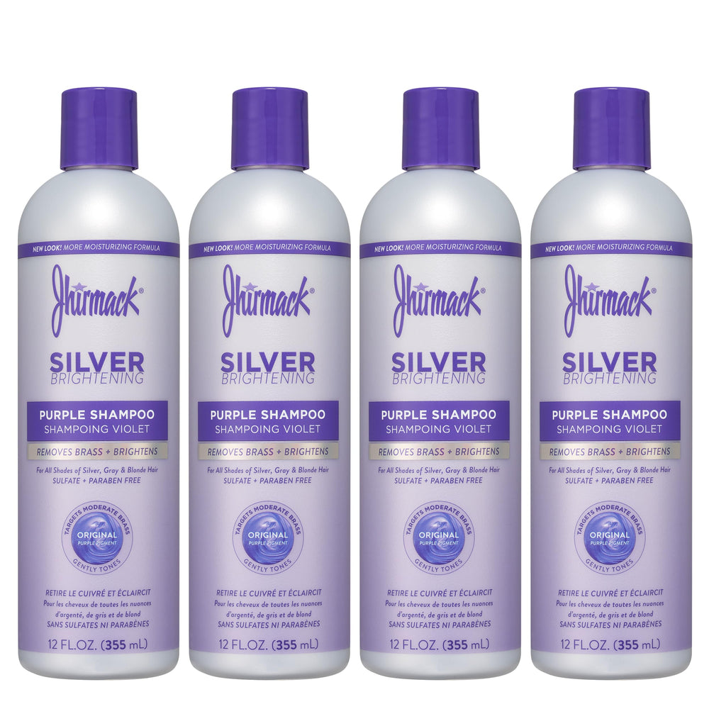 Jhirmack Silver Brightening Purple Shampoo bottle shows brassy-tone reduction for silver and gray hair.