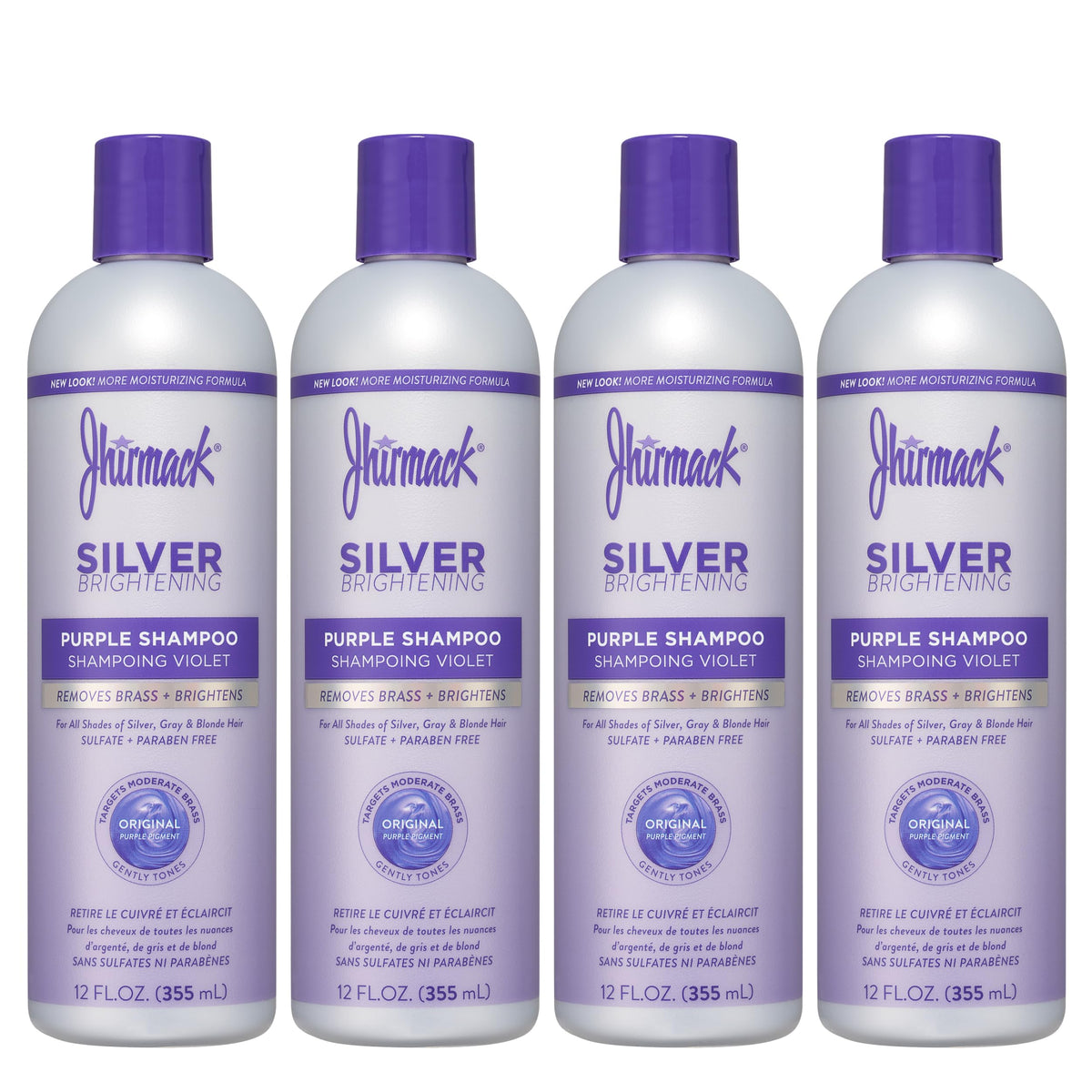 Jhirmack Silver Brightening Purple Shampoo bottle shows brassy-tone reduction for silver and gray hair.