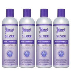 Jhirmack Silver Brightening Purple Shampoo bottle shows brassy-tone reduction for silver and gray hair.