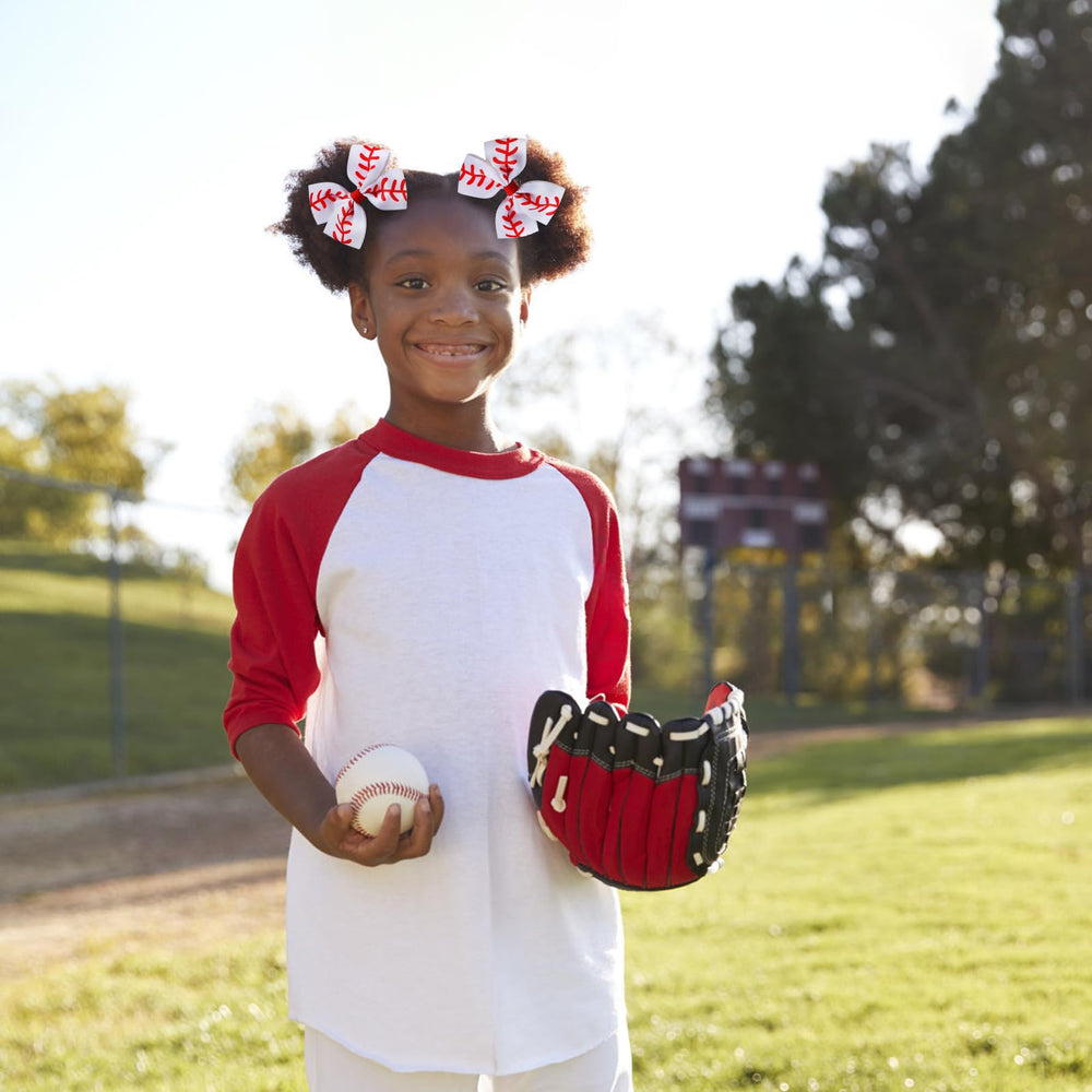 JiaDuo handmade baseball hair bow 4 inch white highlights craft quality