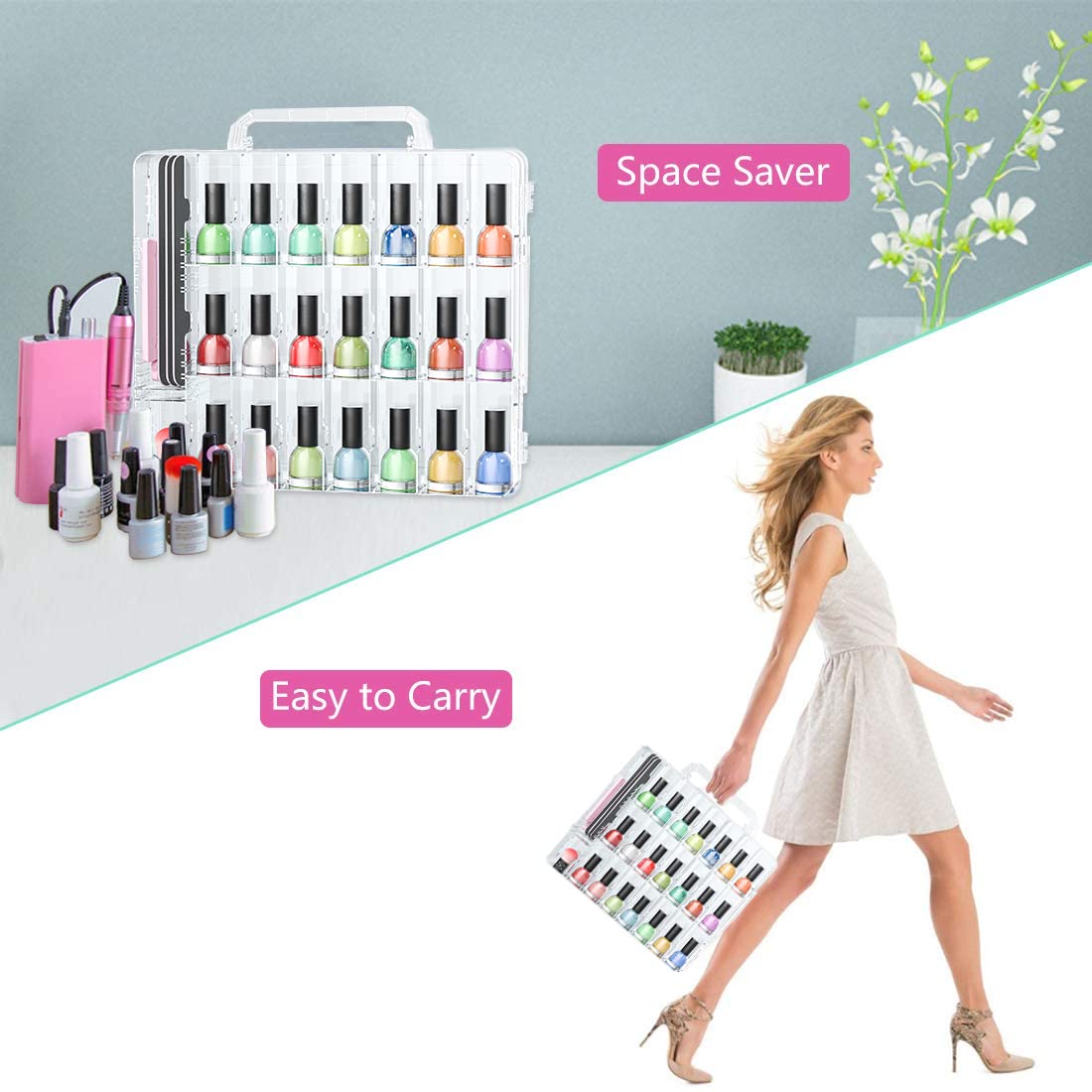 JIASHENG organizador de esmaltes con acceso frontal y trasero para ver colores.