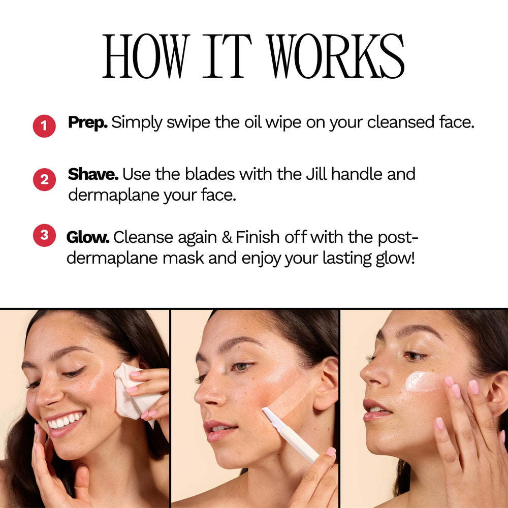 Jill Dermaplane Kit Rose oil wipe provides quick prep and gentle soothing.