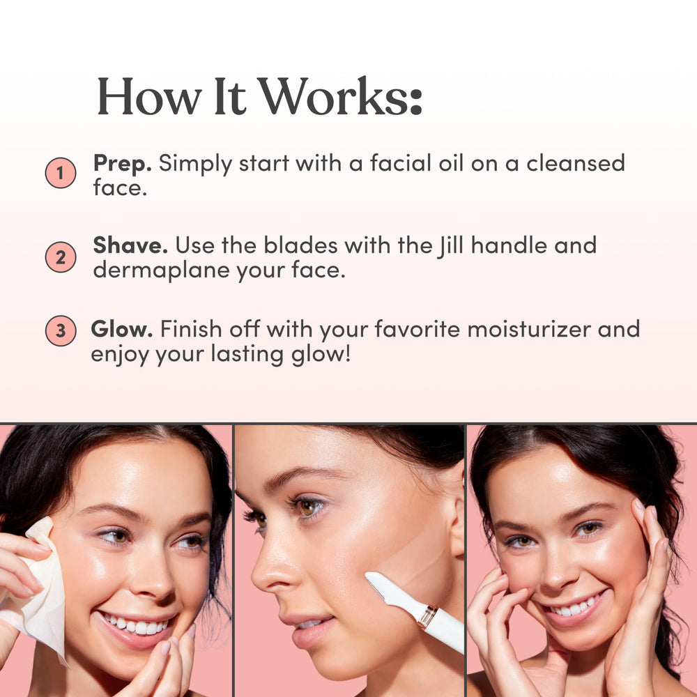 Jill Dermaplane results showing smoother, radiant-looking skin after use.