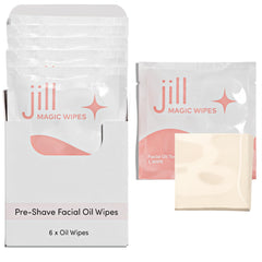 Jill Magic Wipes pre-shave oil wipe for smoother dermaplaning prep.