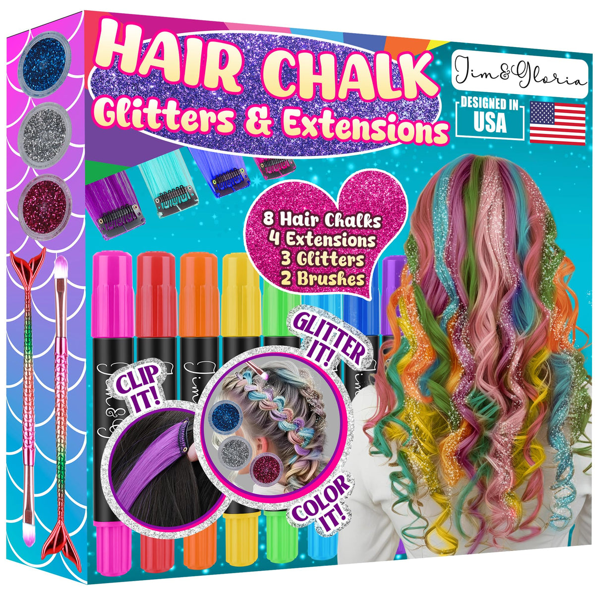 Jim&Gloria Dustless Hair Chalk colors vivid, washable cosmetic color for playful looks.