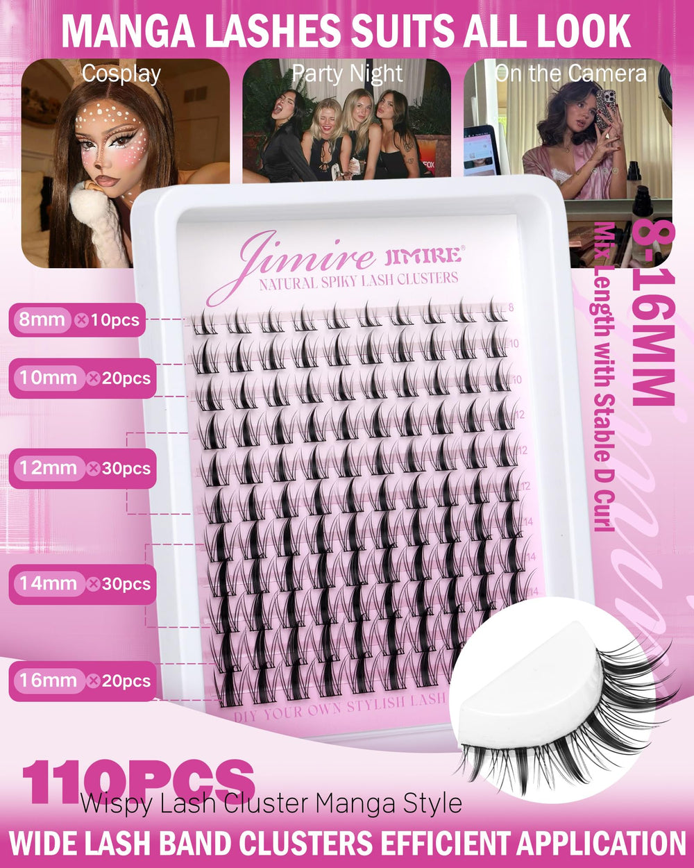JIMIRE 8-16mm lash range for versatile styles.
