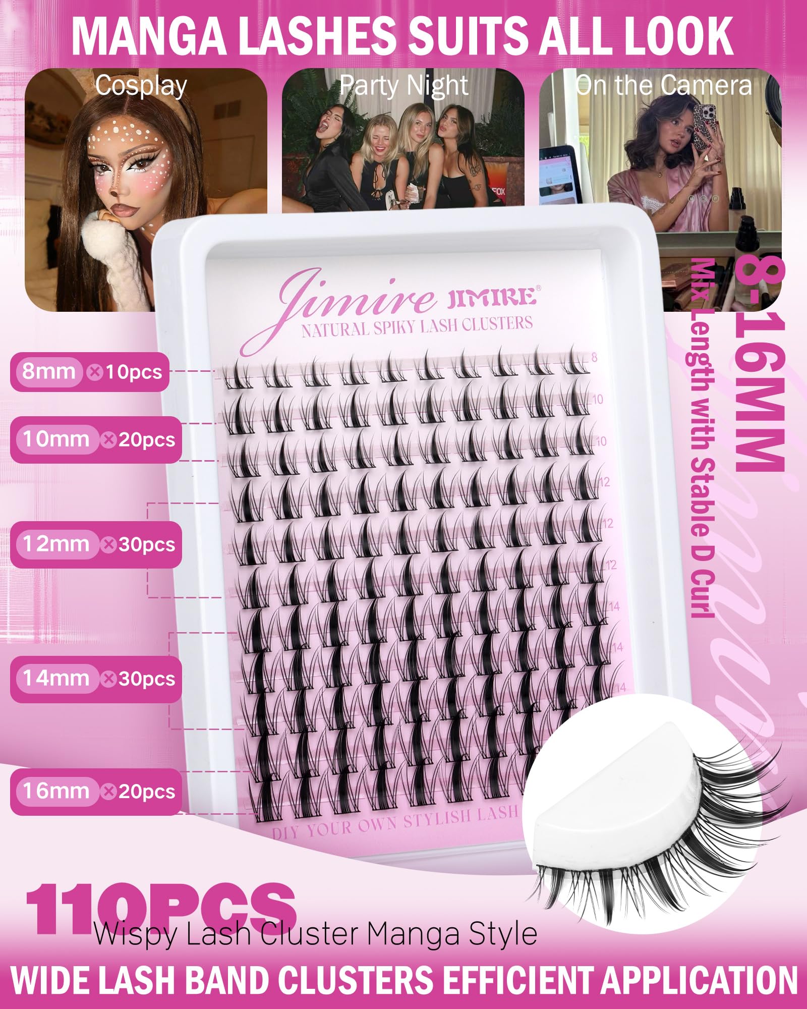 JIMIRE 8-16mm lash range for versatile styles.