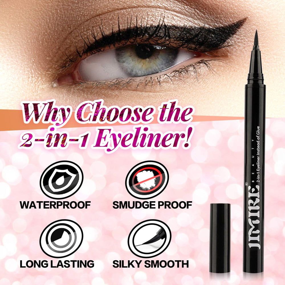 Lid close-up showing JIMIRE 2-in-1 Eyeliner for strong hold.