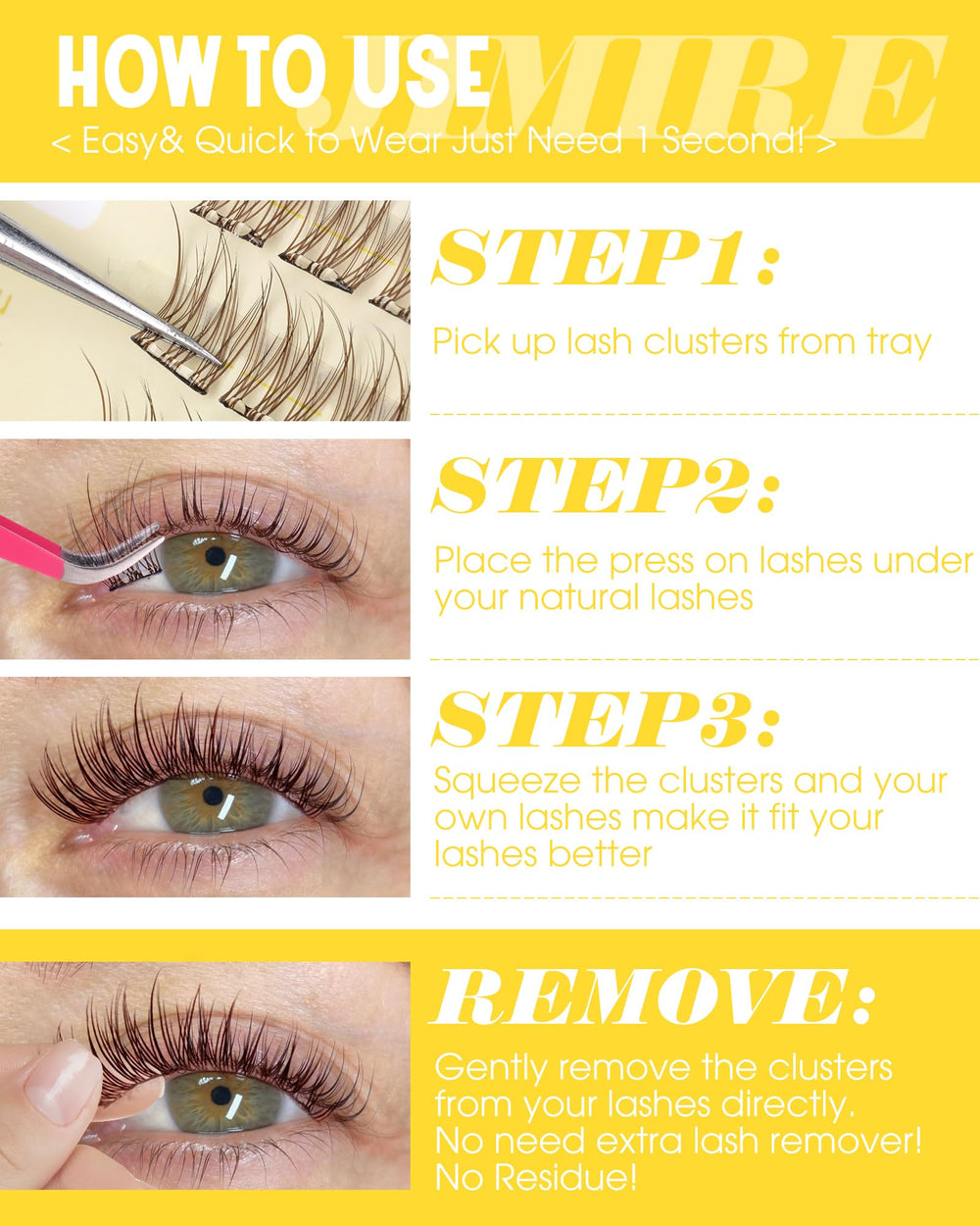 JIMIRE eye look with brown lash clusters adds subtle drama