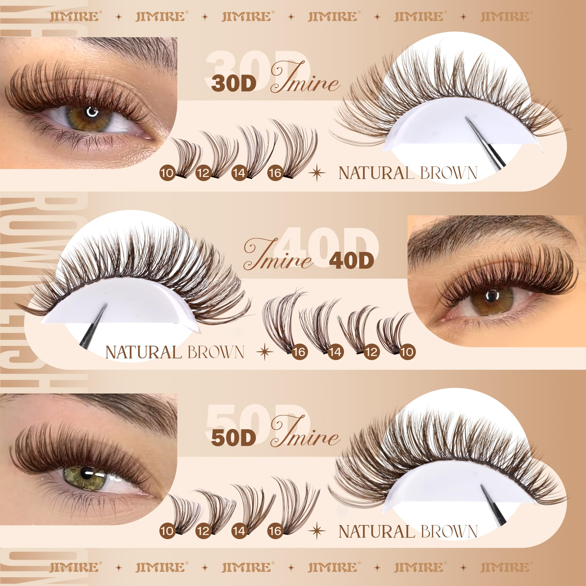 Jimire brown lash clusters spread displays 476 pieces for customizable eyelash extensions.