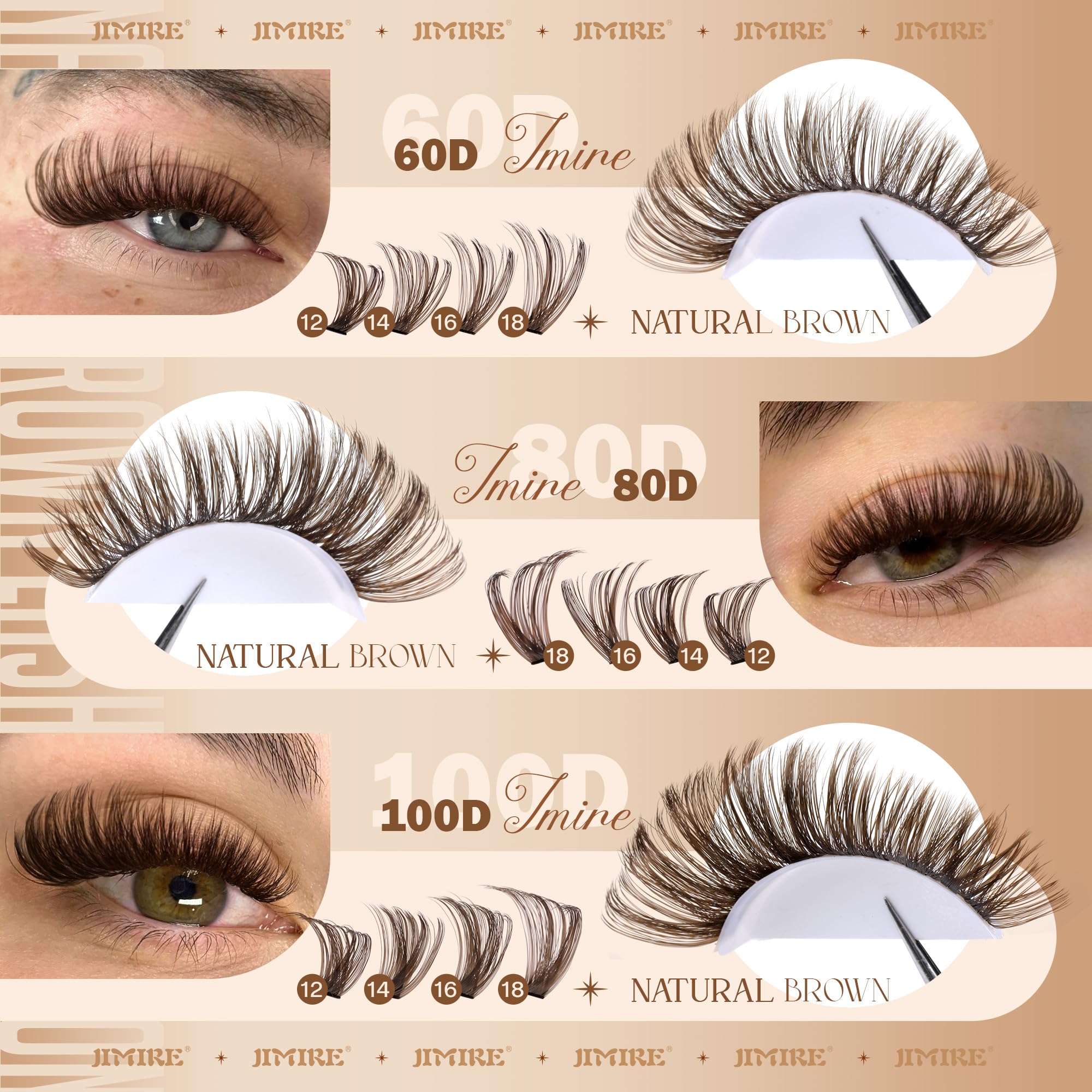 Jimire brown lash clusters lengths 30d to 60d illustrate eye shaping options.