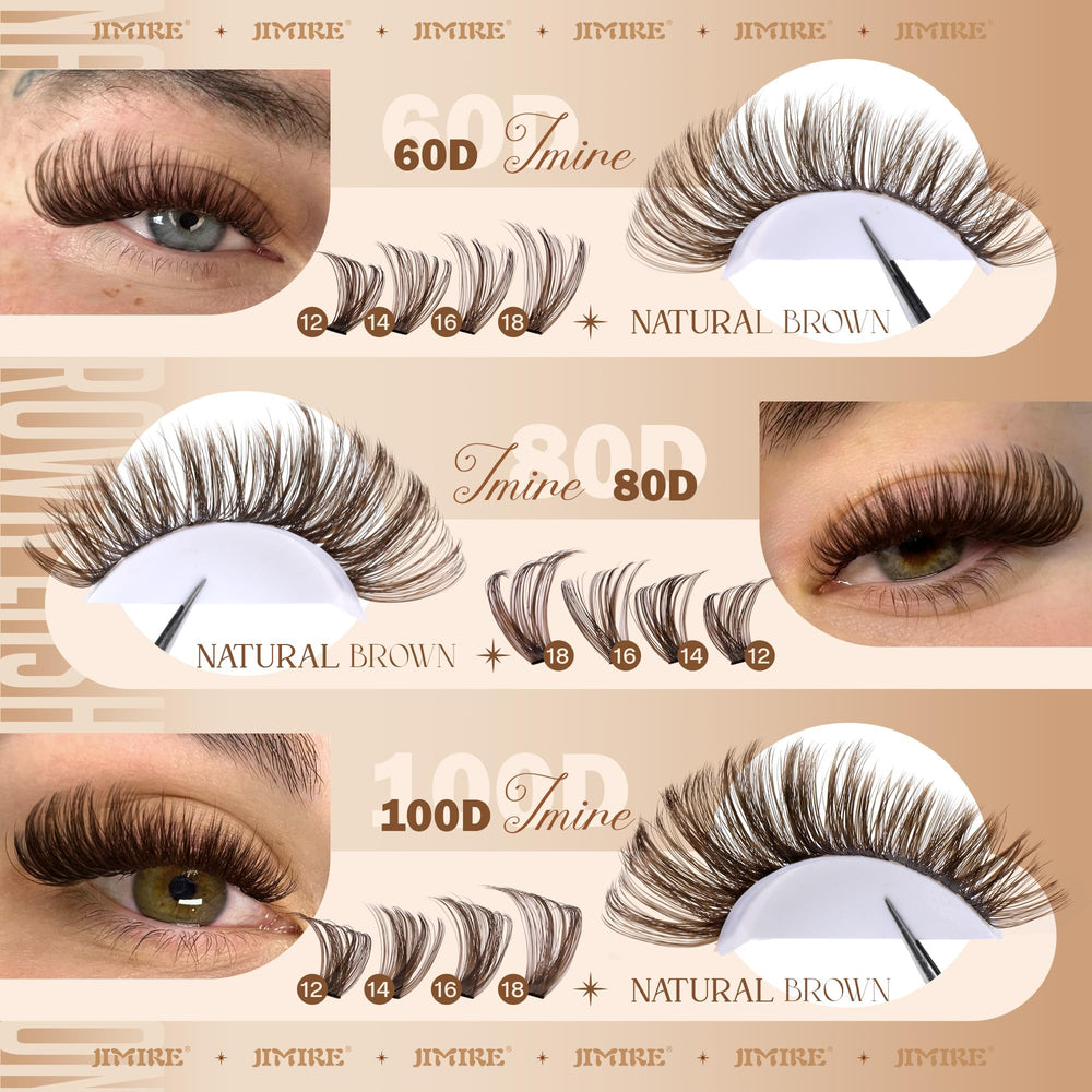 Jimire brown lash clusters lengths 30d to 60d illustrate eye shaping options.
