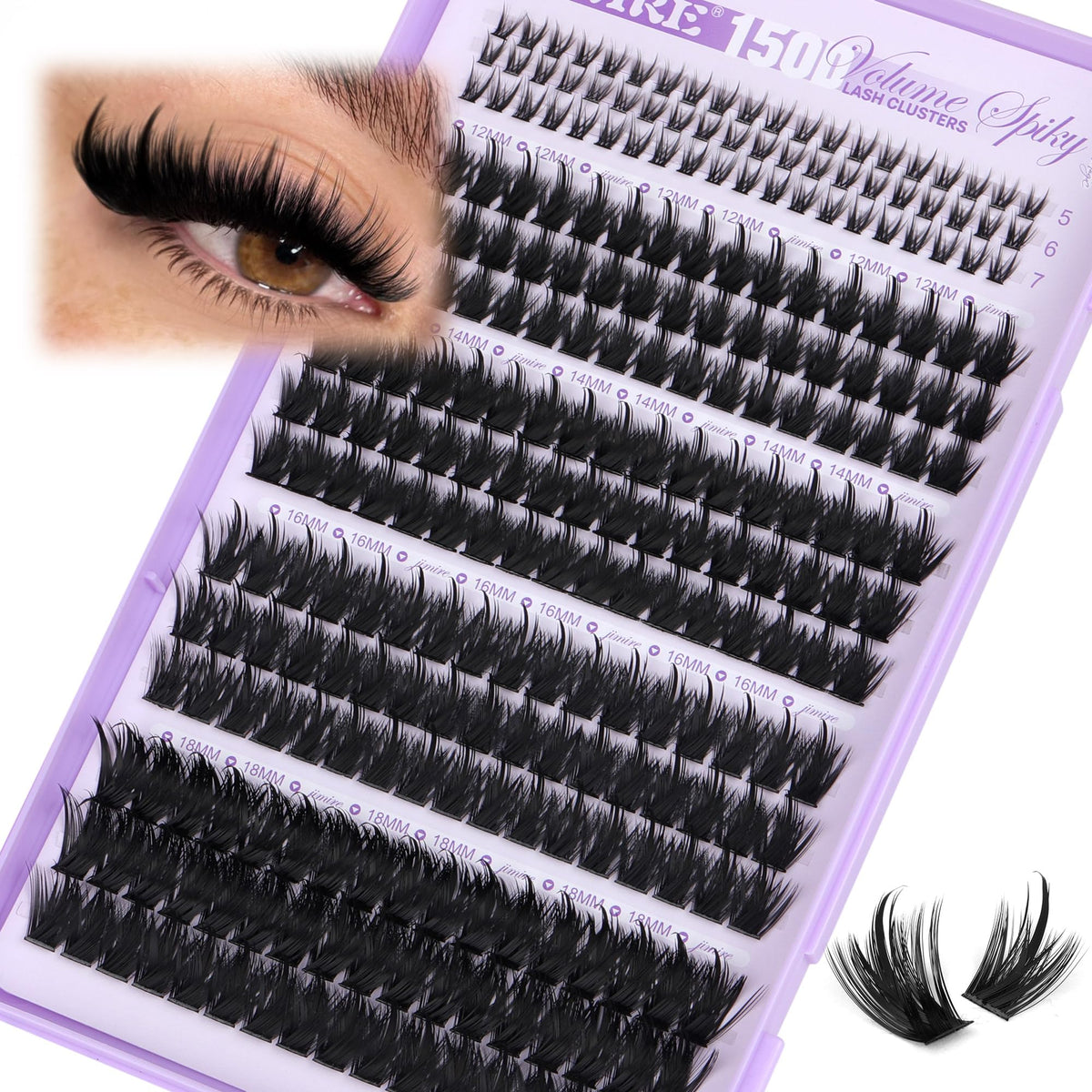 JIMIRE manga lash clusters with spikes 12-18mm for dramatic, eye-opening looks.