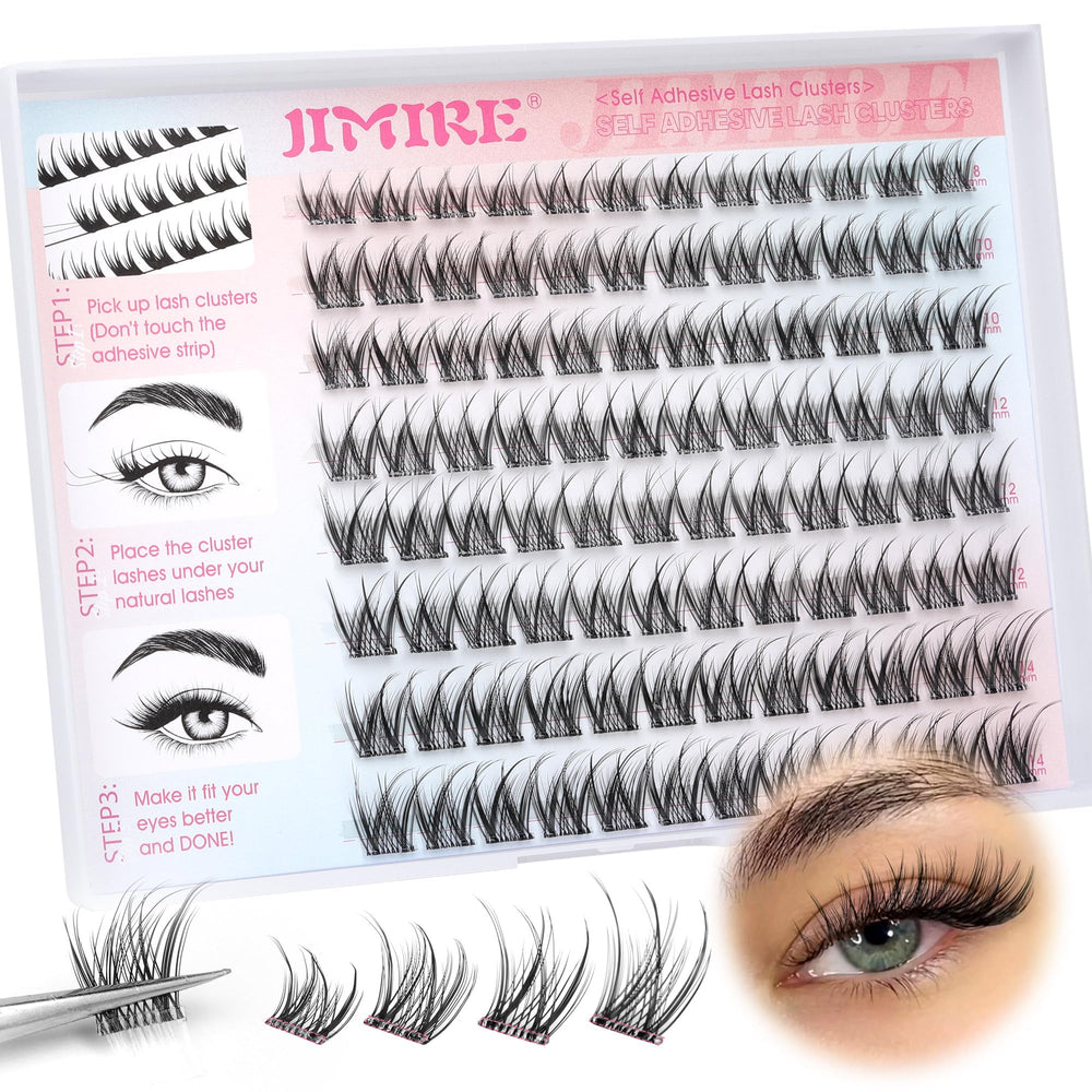 JIMIRE self-adhesive eyelashes wispy clusters 8-14mm shown for easy application.
