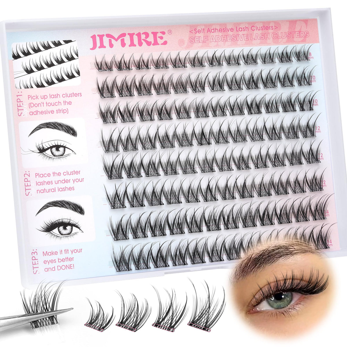 JIMIRE self-adhesive eyelashes wispy clusters 8-14mm shown for easy application.