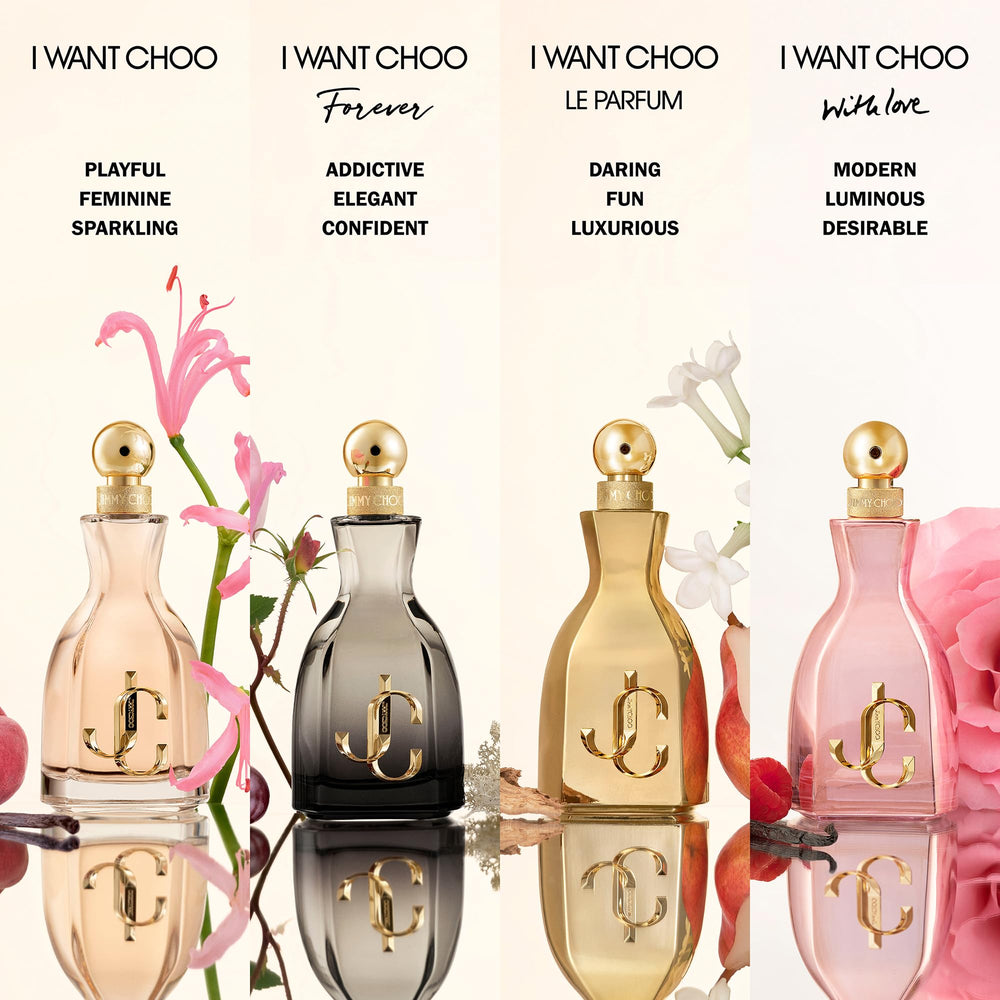 Minimalist flat lay with I Want Choo With Love bottle under soft lighting