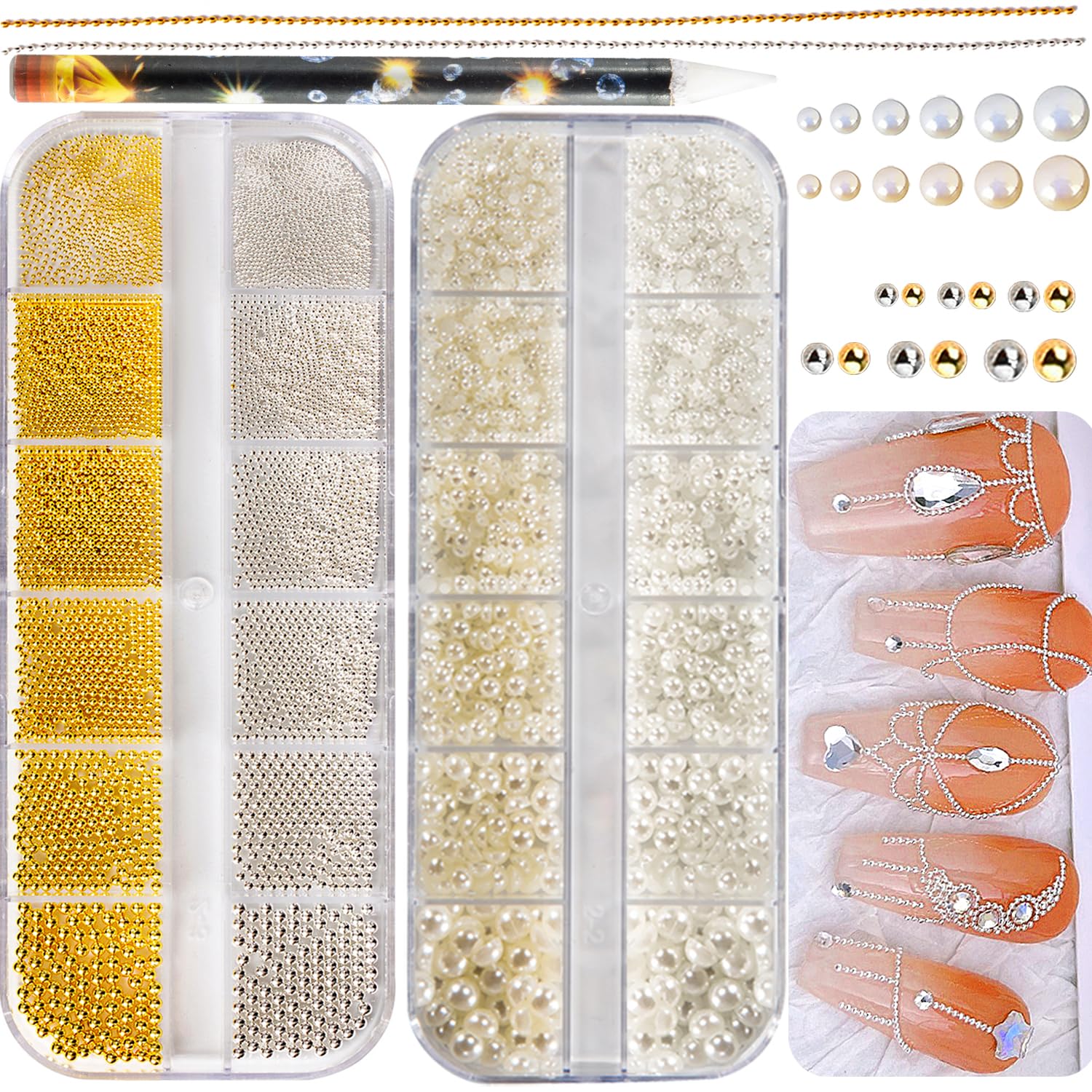 JINJINANV Chloe: cuentas caviar doradas para uñas con brillo intenso