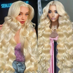 JINNOO 30-inch blonde body-wave lace-front wig with HD lace for natural styling.