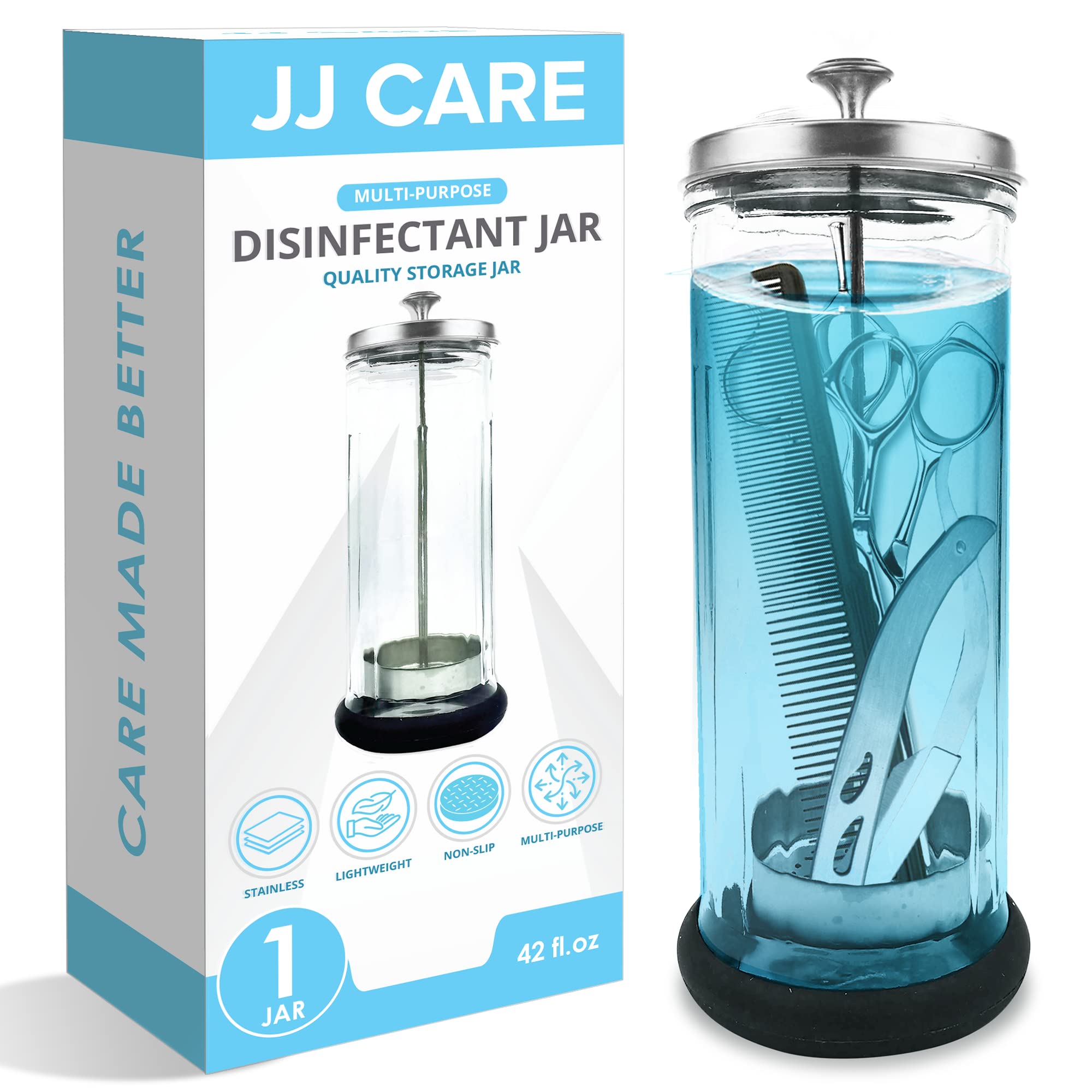 JJ CARE Disinfectant Jar 42oz front view shows clear glass for salon hygiene
