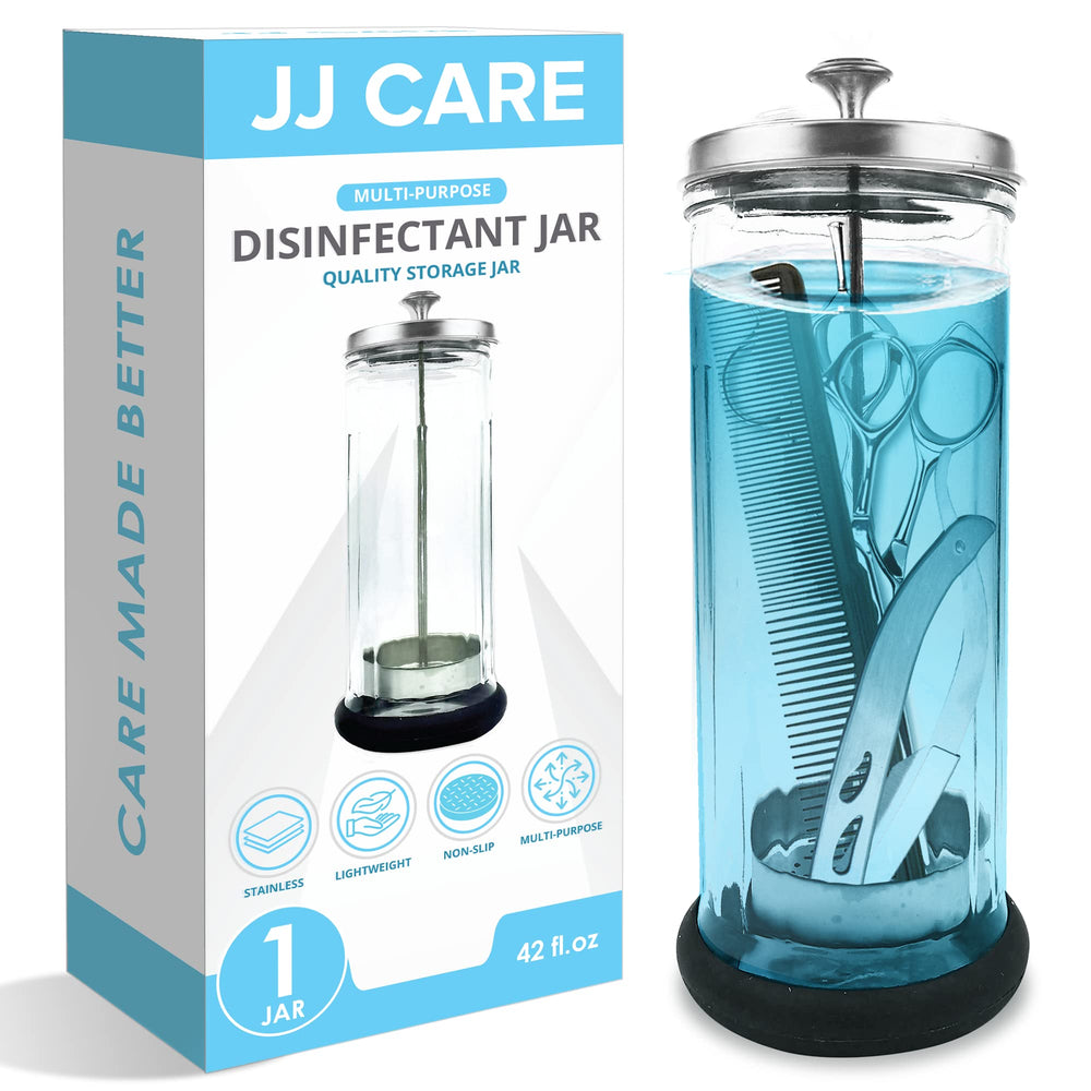 JJ CARE Disinfectant Jar 42oz front view shows clear glass for salon hygiene