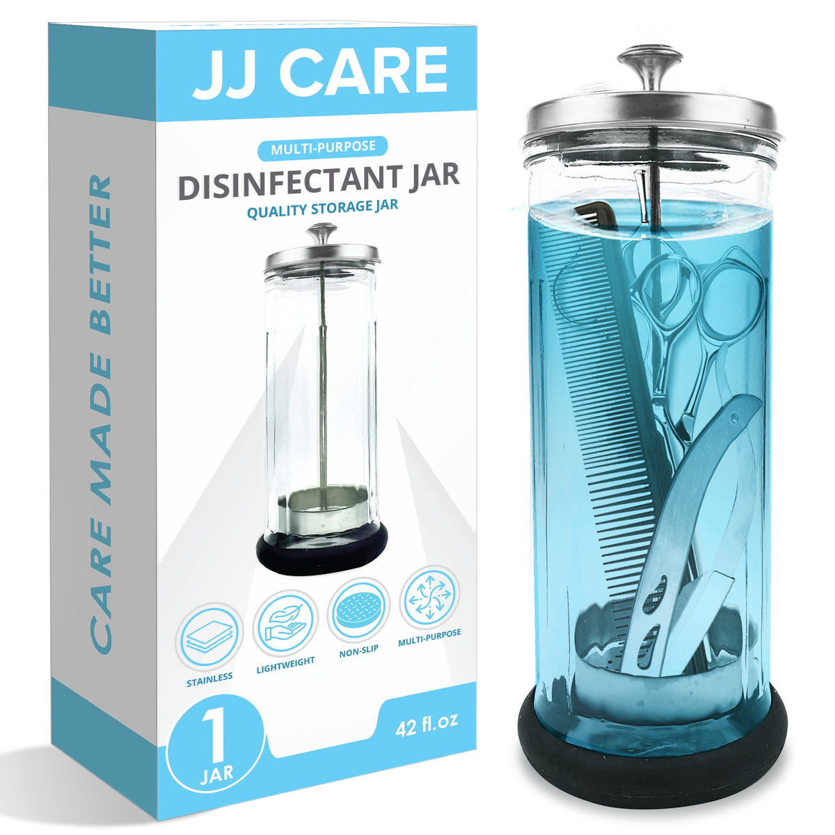 JJ CARE Disinfectant Jar 42oz front view shows clear glass for salon hygiene