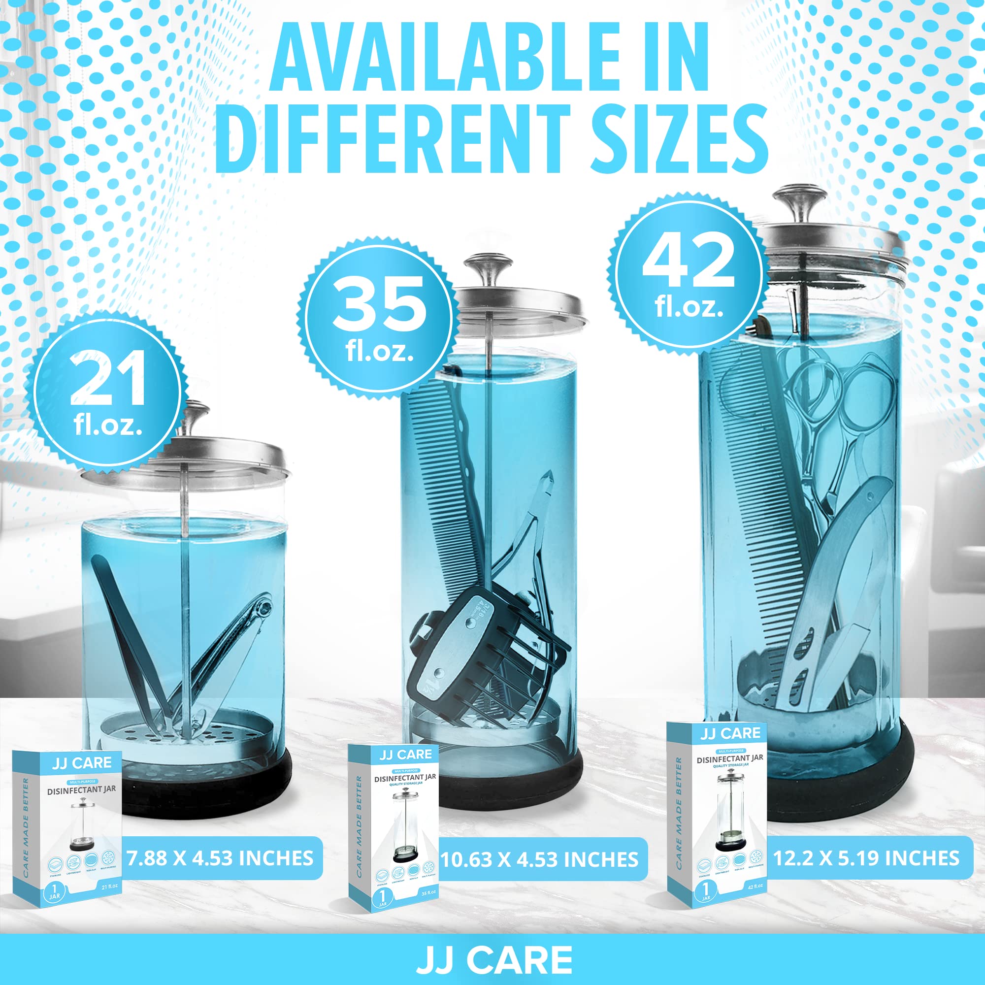 JJ CARE Disinfectant Jar supports multi-tool storage in busy salons