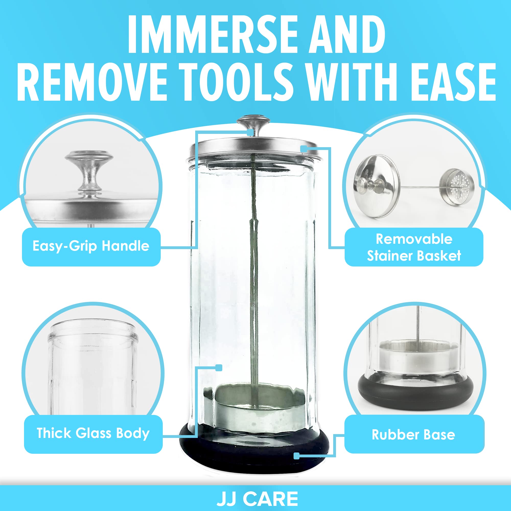 JJ CARE Disinfectant Jar shown with nail tools inside